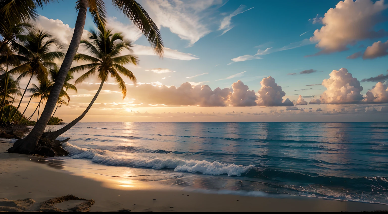 tropical, palm trees, beach, sunset, ocean, paradise, 8k image, realism image