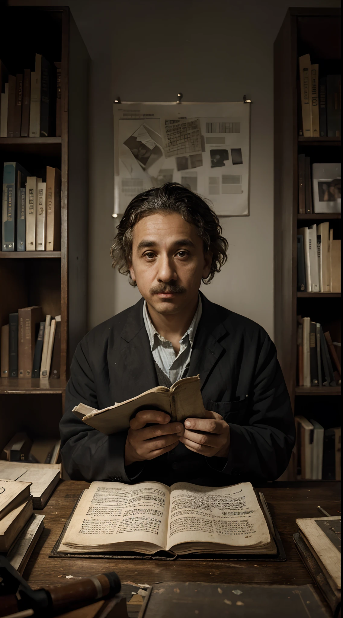 Visualize a young Albert Einstein immersed in scientific exploration, surrounded by stacks of aged books and crumpled papers in a dimly lit study, capturing the early stages of his brilliant mind."