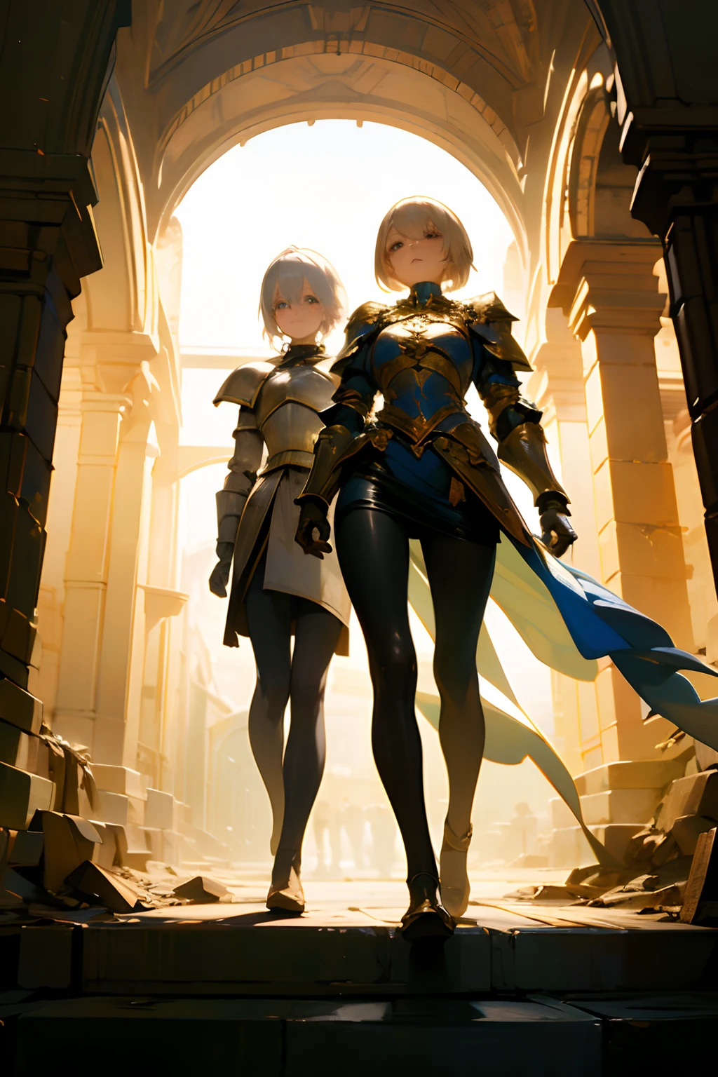 (((masterpiece))), (((best quality))), ((ultra-detailed)), (cinematic lighting), (illustration), (beautiful detailed eyes), (2girls), full body, space, knight, armour, light hair, skirt, walking, ruins, (masterpiece, 2girls A and B), best quality, expressive eyes, perfect face, Girl A: (blonde hair, long hair, wearing skirt, black pantyhose, white and gold armour), Girl B: (white hair, short hair, jumpsuit, silver armour),