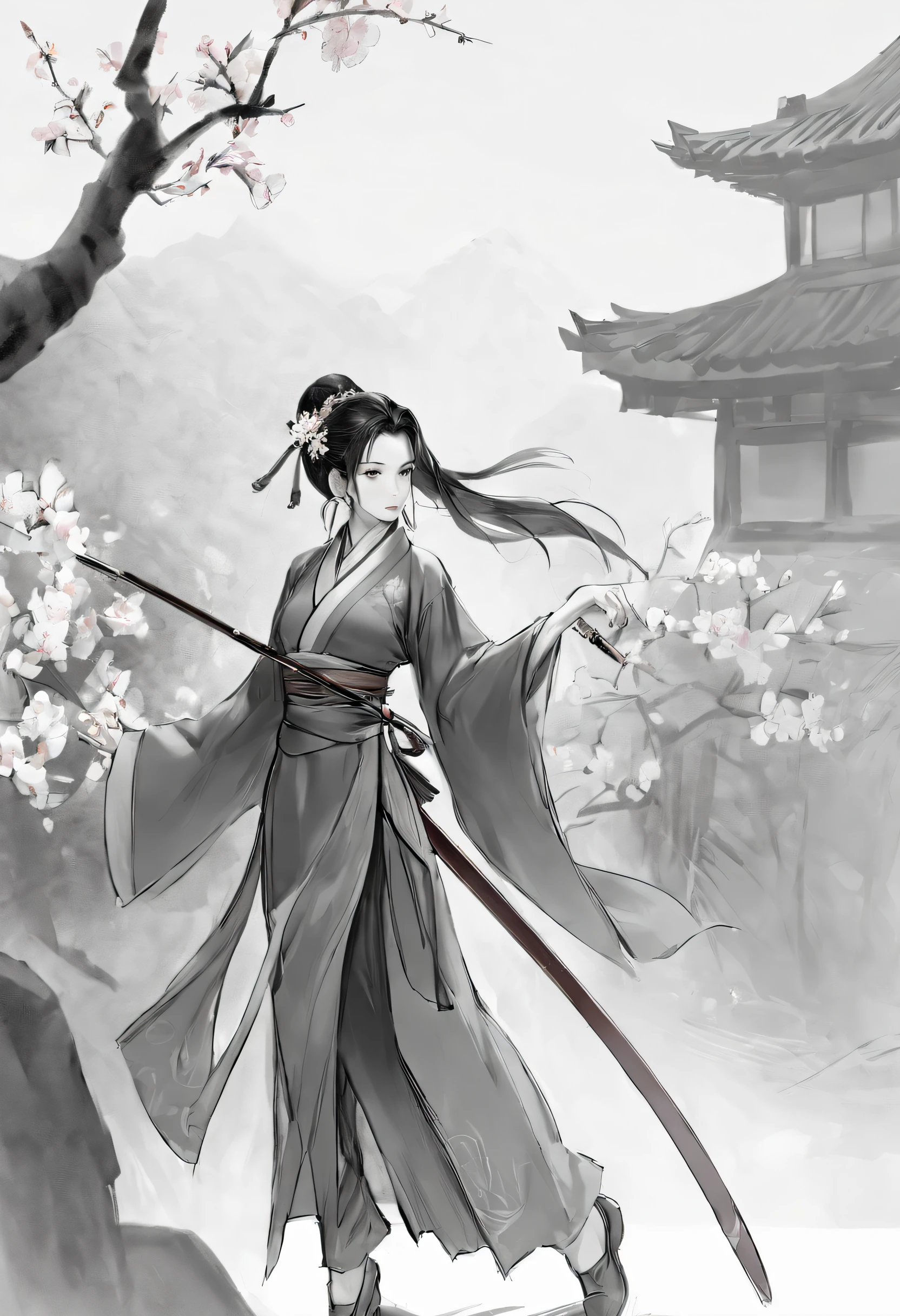 Girl，swordsmen，Ancient wind, Acura, florals, Solo, Hanfu, Flower lines draw the background, white backgrounid, single body, dessin au trait, ((Sketch factory))，(character sketch:1.1)，(charcoal drawing:1.2)，Sketch，(pencil drawing:1.3)，Charcoal painting style，Black and white，character sketch,