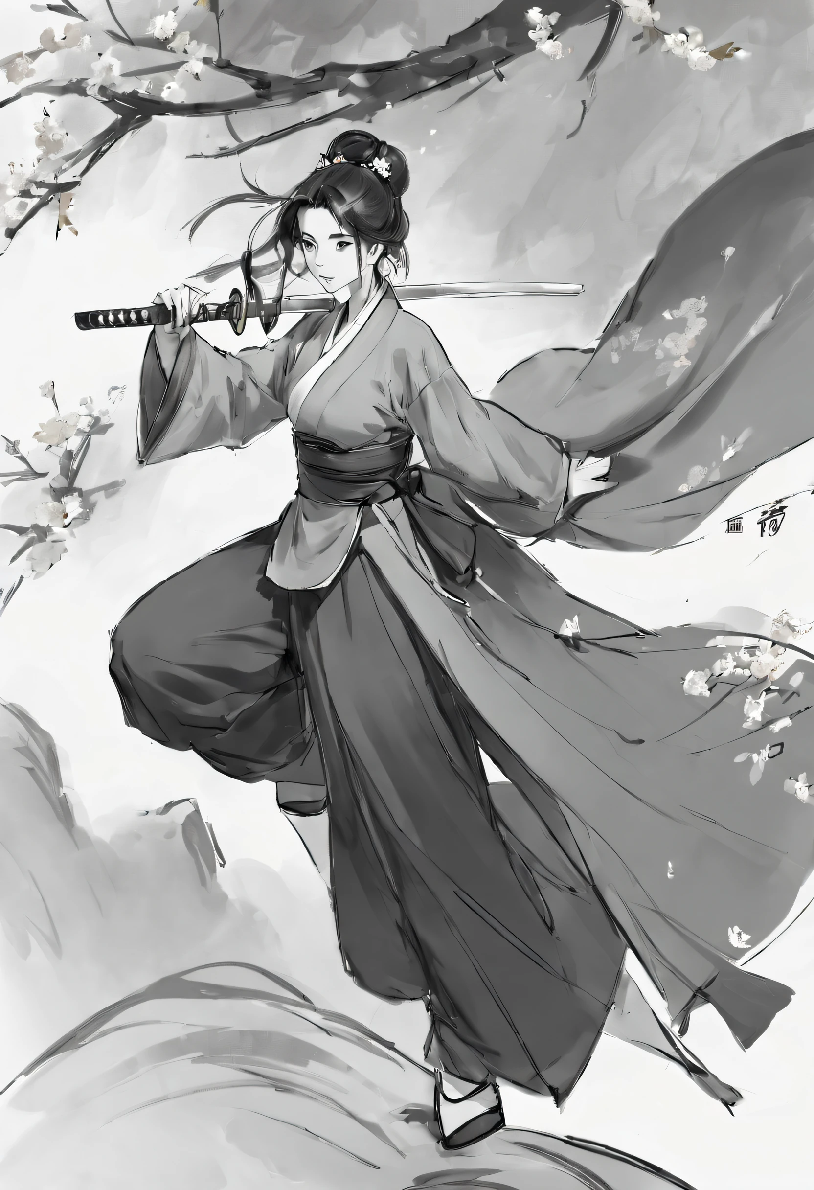 Girl，swordsmen，Ancient wind, Acura, florals, Solo, Hanfu, Flower lines draw the background, white backgrounid, single body, dessin au trait, ((Sketch factory))，(character sketch:1.1)，(charcoal drawing:1.2)，Sketch，(pencil drawing:1.3)，Charcoal painting style，Black and white，character sketch,