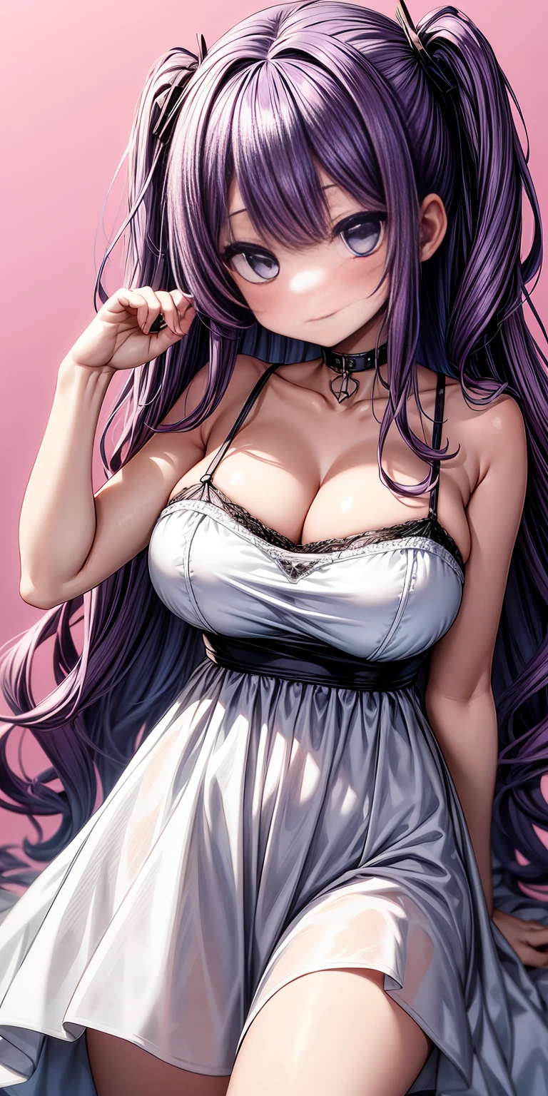 (masterpiece), best quality, nsfw, 1girl, saori_kido, cute, huge bust, 18 years old, big expressive eyes, blue eyes, perfect face, most seductive girl imaginable, cute, purple hair, shoulder hip length, wavy hair, voluminous hair, no makeup, happy face, pink lights, slip dress dress degage white ,short and bold white dress