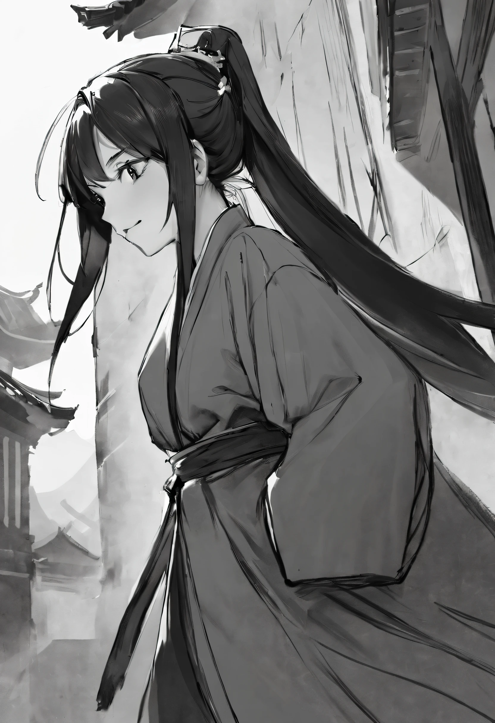 Best Masterpiece,1girll,独奏,unbelievable Ridiculous,Girl,swordsmen,Ancient wind,Hanfu,the street,exteriors,Sateen,neonlight,Light smile,hijabi sluty,hands in a pocket,Look elsewhere,From the side Side,Line drawings,Mono Color,,(character sketch:1.1),(charcoal drawing:1.2),Sketch,(pencil drawing:1.3),Charcoal painting style,Black and white,