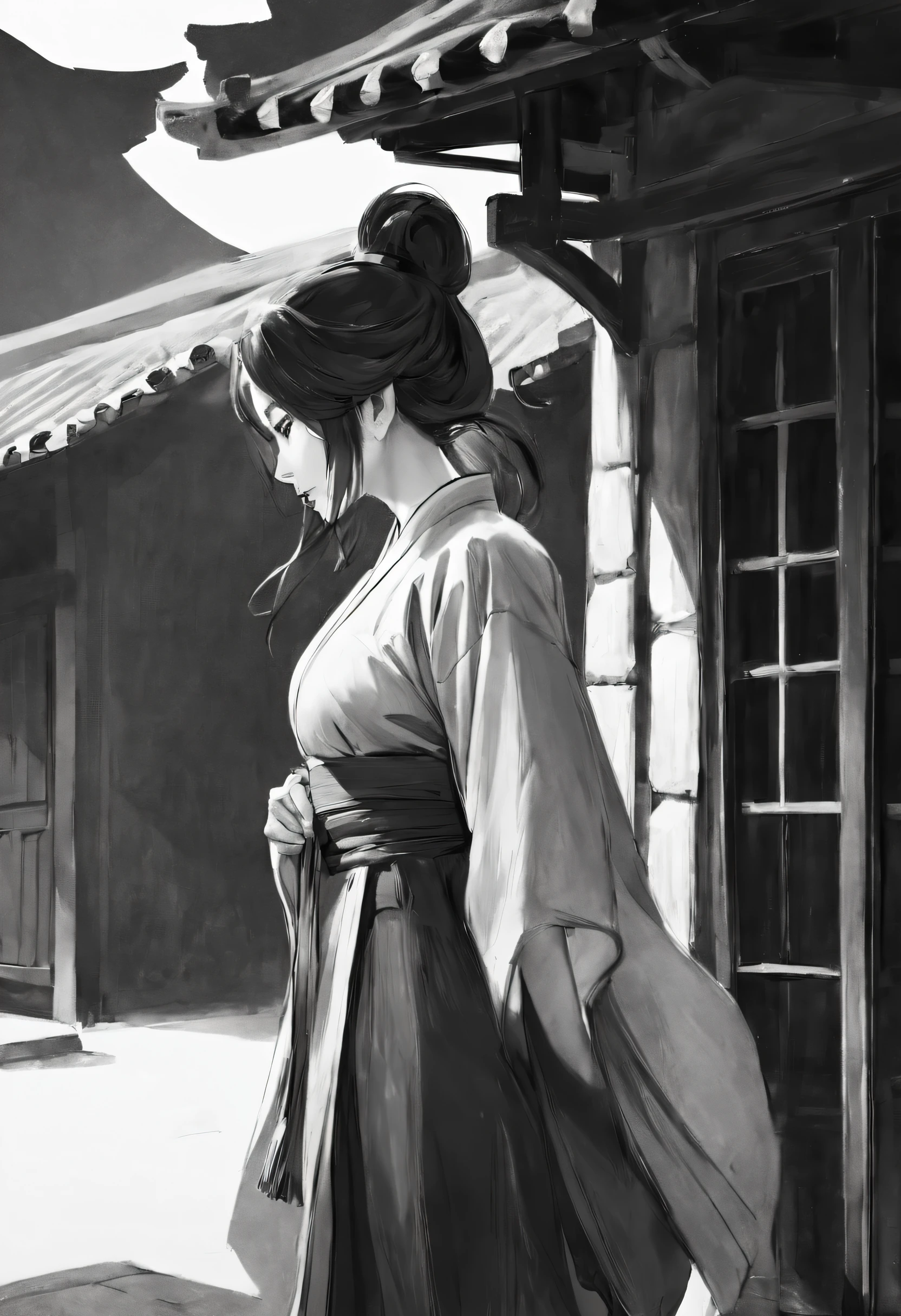 Best Masterpiece，1girll，独奏，unbelievable Ridiculous，Girl，swordsmen，Ancient wind，Hanfu，the street，exteriors，Sateen，neonlight，Light smile，hijabi sluty，hands in a pocket，Look elsewhere，From the side Side，Line drawings，Mono Color，，(character sketch:1.1)，(charcoal drawing:1.2)，Sketch，(pencil drawing:1.3)，Charcoal painting style，Black and white，