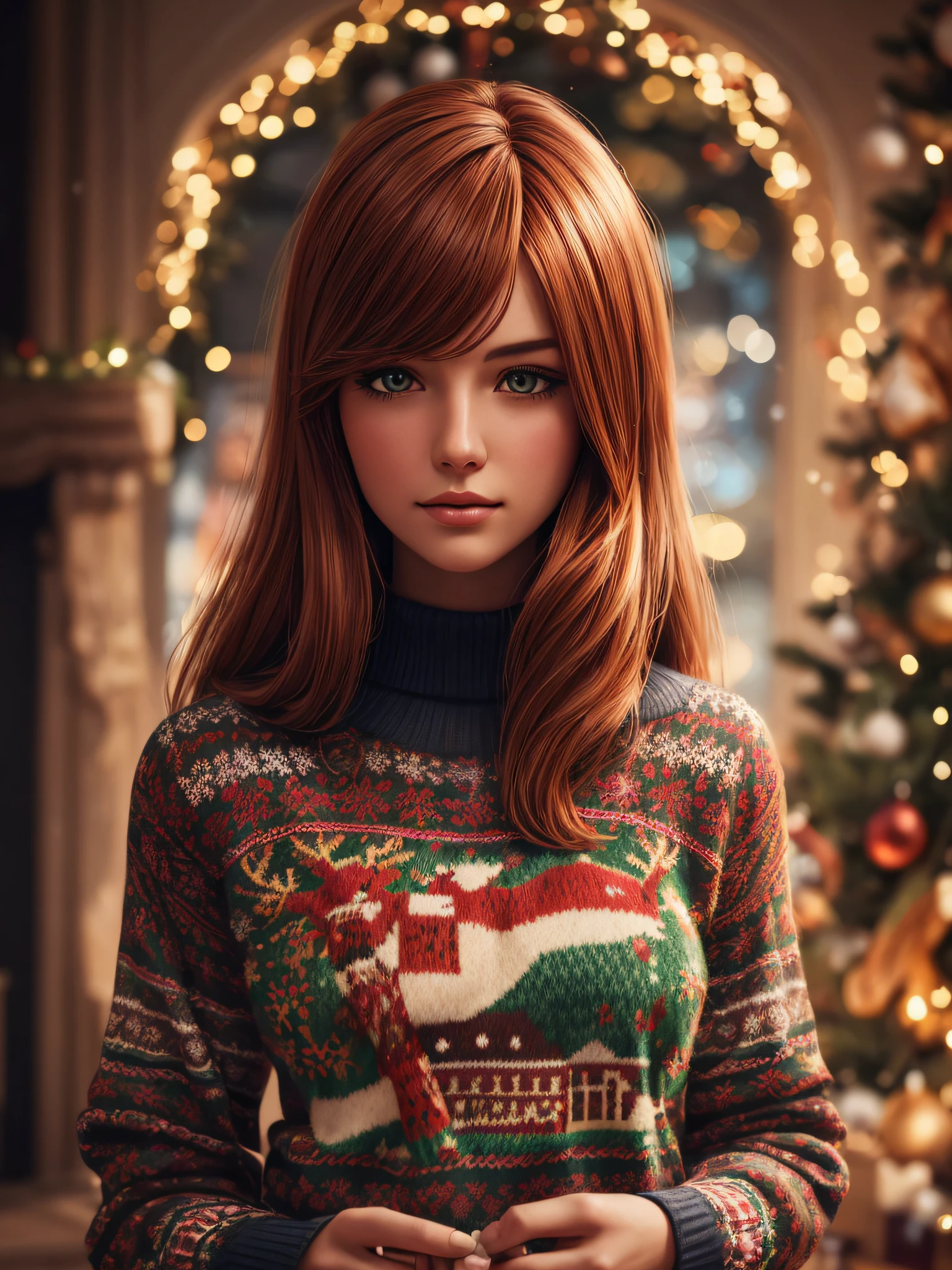 a woman wearing a Christmas sweater, copper hair, winter, whimsical, intricate brush strokes, beautiful lighting, intricate details, Unreal Engine, creative, expressive, detailed, colorful, digital art, unique, HW*