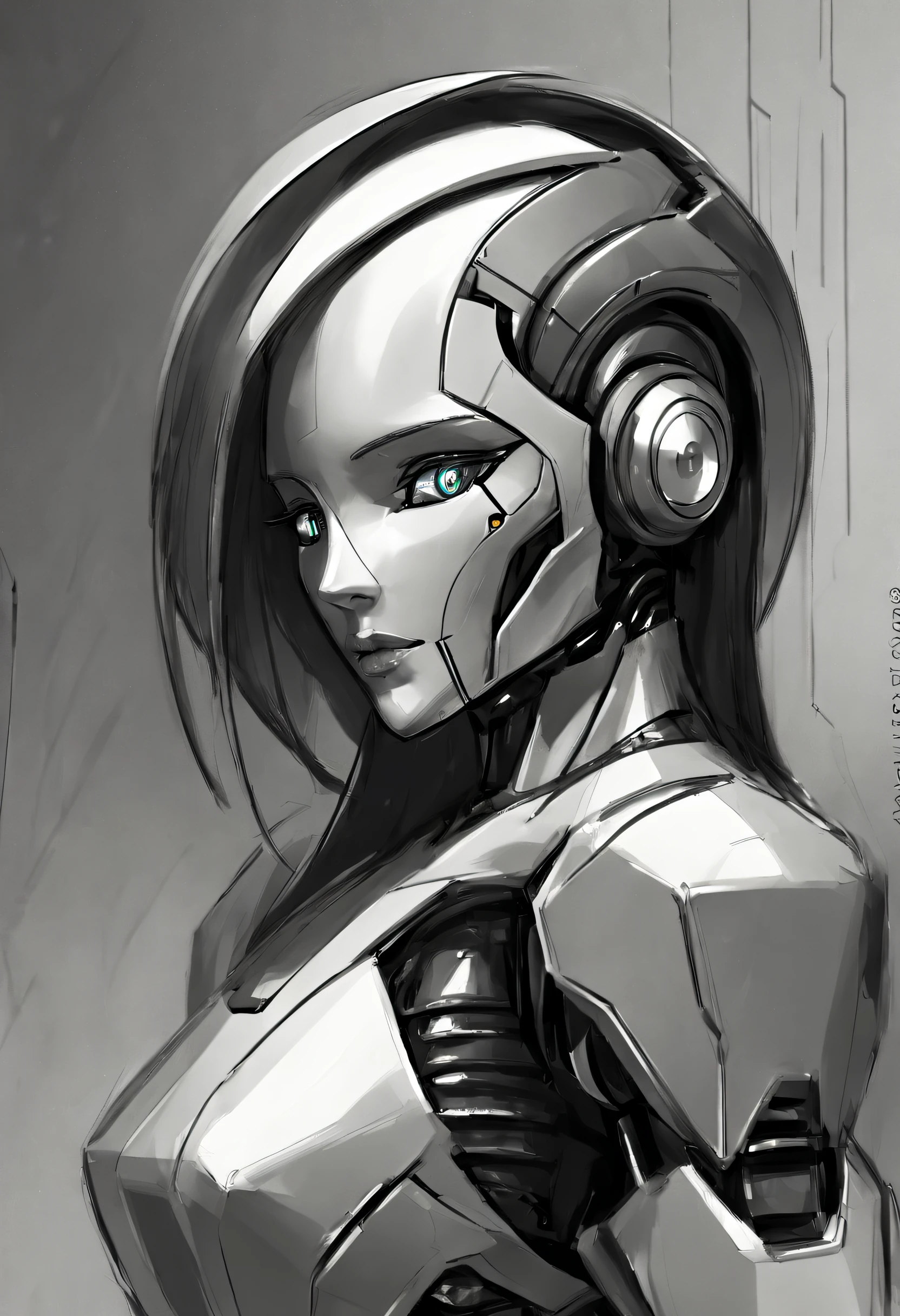 ,(character sketch:1.1),(charcoal drawing:1.2),Sketch,(pencil drawing:1.3),Charcoal painting style,Black and white,character sketch, high resolution, 1womanl, Solo, (Detailed face), kda,bioluminic, Black and white galactic cybernetic mask, (abstracted, Make a sketch of a robot with high technology:1.5), Part description, SH4G0D,