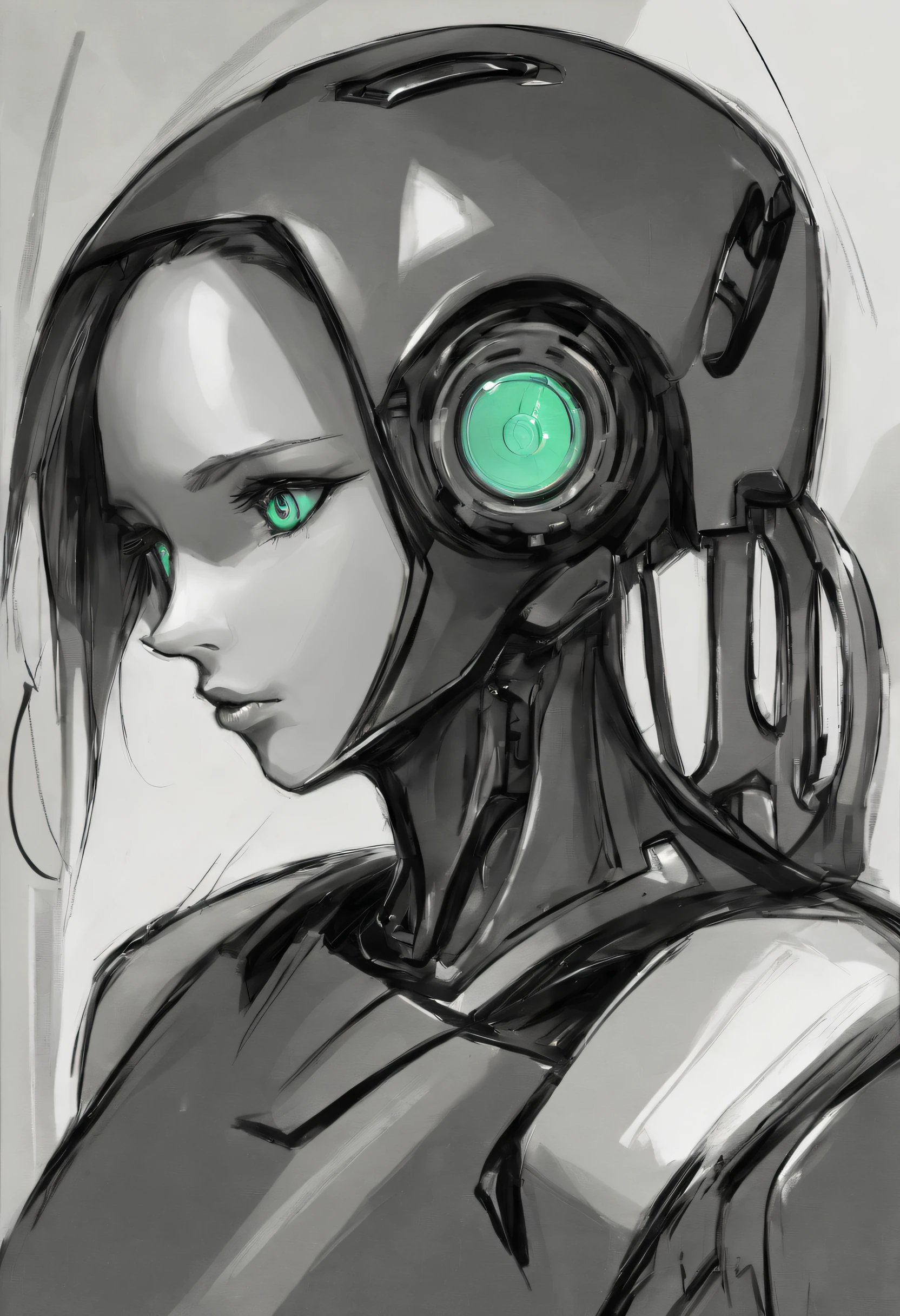 ,(character sketch:1.1),(charcoal drawing:1.2),Sketch,(pencil drawing:1.3),Charcoal painting style,Black and white,character sketch, high resolution, 1womanl, Solo, (Detailed face), kda,bioluminic, Black and white galactic cybernetic mask, (abstracted, Make a sketch of a robot with high technology:1.5), Part description, SH4G0D,