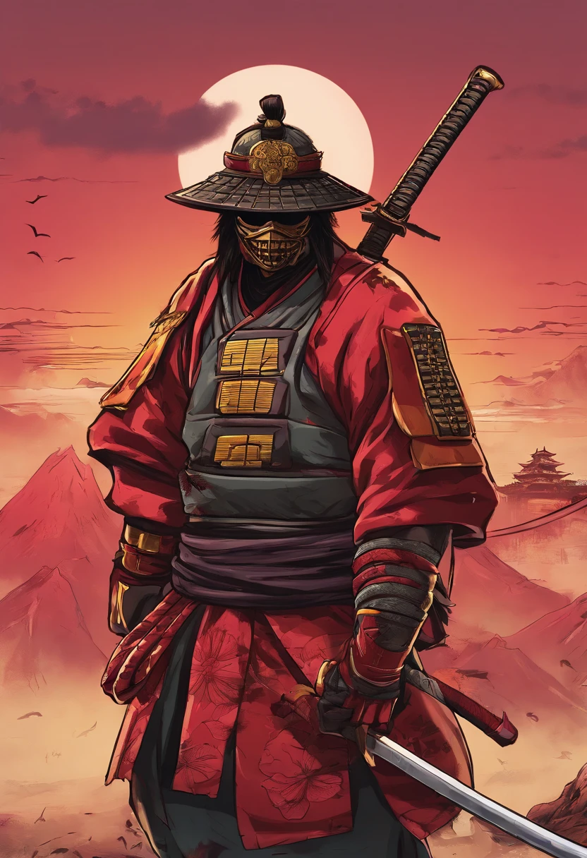 Japanese samurai wear ghost masks,No helmet, Urban Samurai, epic image, Era,Frontal photo,Extremely meticulous,full armour,frontal photos,relaxing,No helmet,Bunched hair,Black armor,Broken armor,The body is not clean,bleed,Combat posture,On the battlefield,Standing posture,preparing to fight,