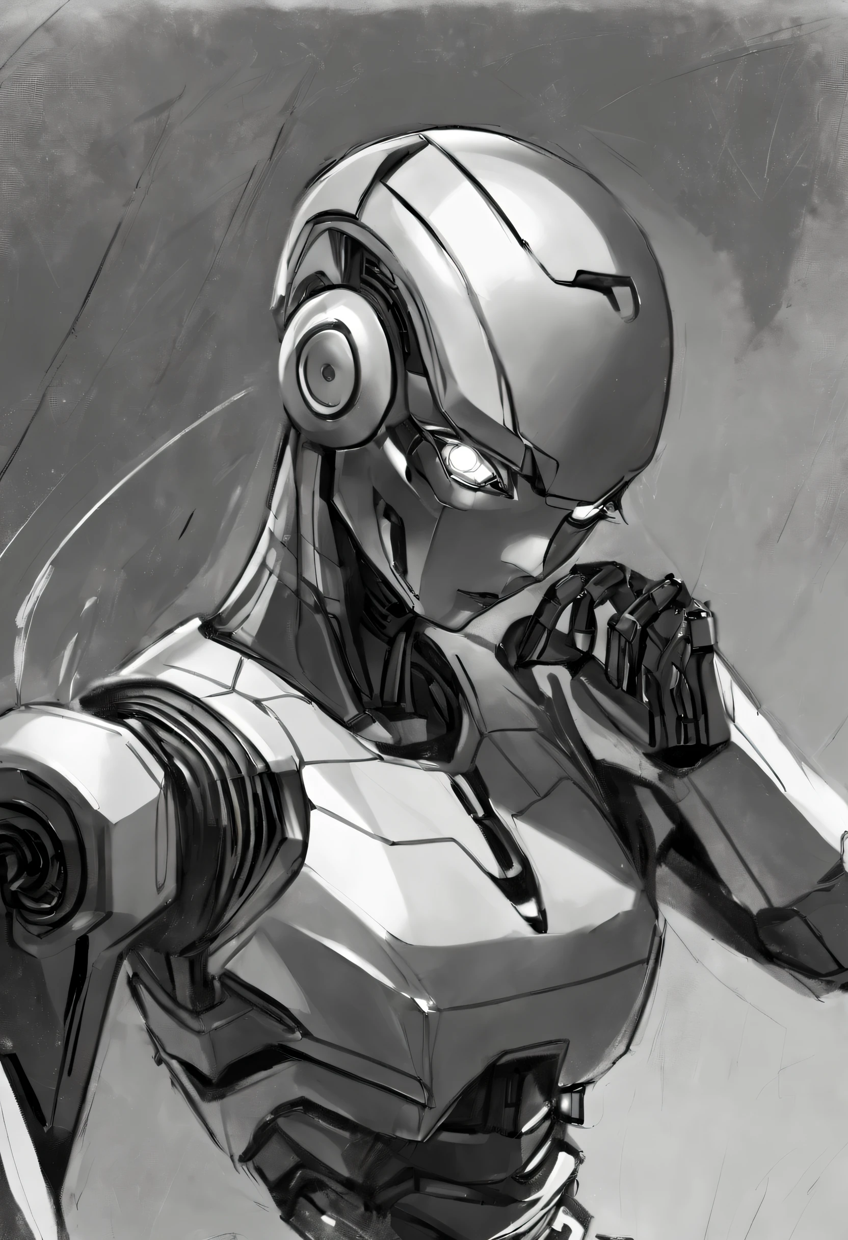 ，(character sketch:1.1)，(charcoal drawing:1.2)，Sketch，(pencil drawing:1.3)，Charcoal painting style，Black and white，character sketch, high resolution, 1womanl, Solo, (Detailed face), kda，bioluminic, Black and white galactic cybernetic mask, (abstracted, Make a sketch of a robot with high technology:1.5), Part description,  SH4G0D,