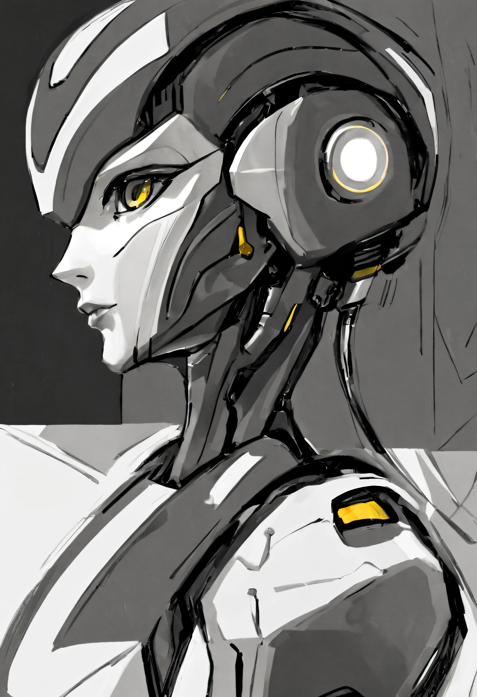 ,(character sketch:1.1),(charcoal drawing:1.2),Sketch,(pencil drawing:1.3),Charcoal painting style,Black and white,character sketch, high resolution, 1womanl, Solo, (Detailed face), kda,bioluminic, Black and white galactic cybernetic mask, (abstracted, Make a sketch of a robot with high technology:1.5), Part description, Portrait, SH4G0D,