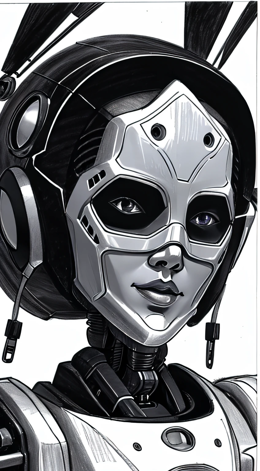 ,(character sketch:1.1),(charcoal drawing:1.2),Sketch,(pencil drawing:1.3),Charcoal painting style,Black and white,character sketch, high resolution, 1womanl, Solo, (Detailed face), kda,bioluminic, Black and white galactic cybernetic mask, (abstracted, Make a sketch of a robot with high technology:1.5), Part description, Portrait, SH4G0D,