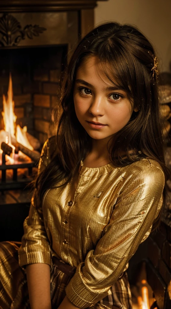 In front of a warm, crackling fireplace sits a young girl. She is enveloped in the comforting glow of the firelight, highlighting the delicate features of her face and casting a soft, golden hue on her tousled hair. The image appears to be a painting, expertly capturing every intricate detail of the scene. The artist has masterfully depicted the flickering flames, illuminating the girl's serene expression and reflecting in her tender, innocent eyes. The vibrant colors and impeccable brushwork give the image a mesmerizing quality, evoking a sense of tranquility and nostalgia.
