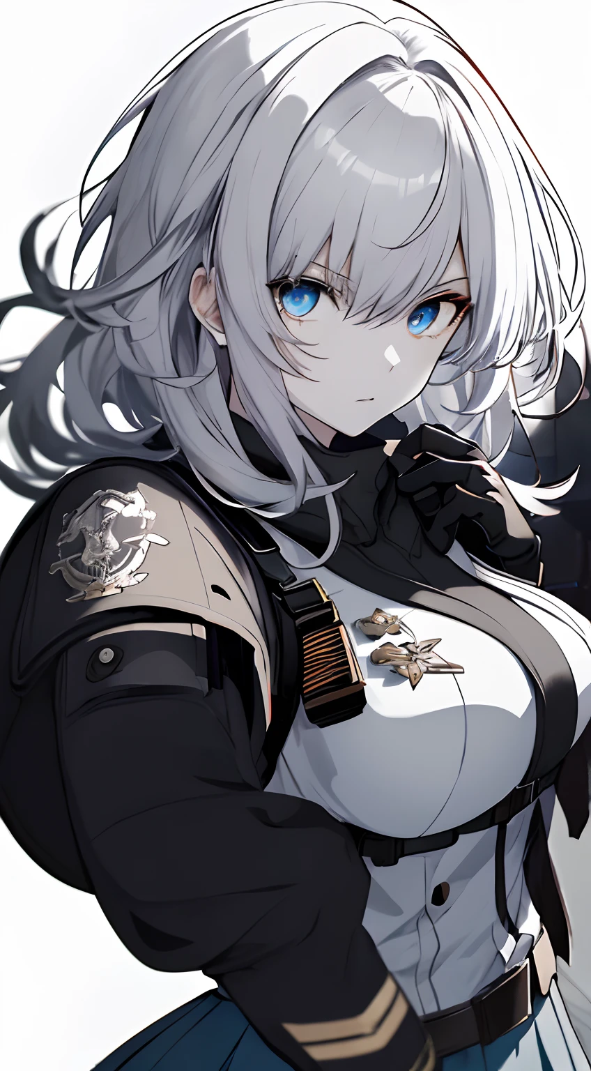 Full body、White one-piece military uniform、 Jet black head of hair,(masutepiece:1.2, Best Quality), (finely detailed beautiful eye: 1.2), (Detailed background,Dark Fantasy), (beautifull detailed face), High contrast, (Best Illumination, extremely delicate and beautiful), ((Cinematic Light)), Colorful, Hyper Detail, Dramatic light, Intricate details,Very blue eyes, long hair flowing with the wind、very Bigger breasts、Belt under the chest、White military uniform, White skirt, jet-black hair, Blue eyes, Black tie, Serious look, (Pale white background:1.5), gotik,Handgun, Glock 17,(pistols), have a handgun,long-sleeve, blue eyess, trigger discipline, A woman in a short skirt and gloves is holding a gun, girls' frontline, mechanized valkyrie girl, arknights,