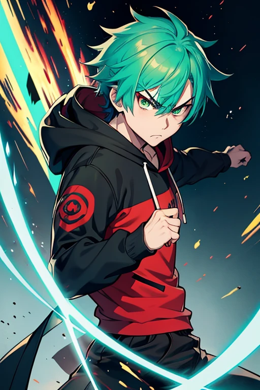 anime boy, with turquoise hair, red and green eye, angry face, black hoodie, trigger anime artstyle, an epic anime of a small strong man, best quality, 8k, fanart, fighting stance energy, flying from fired planet, sword in right hand