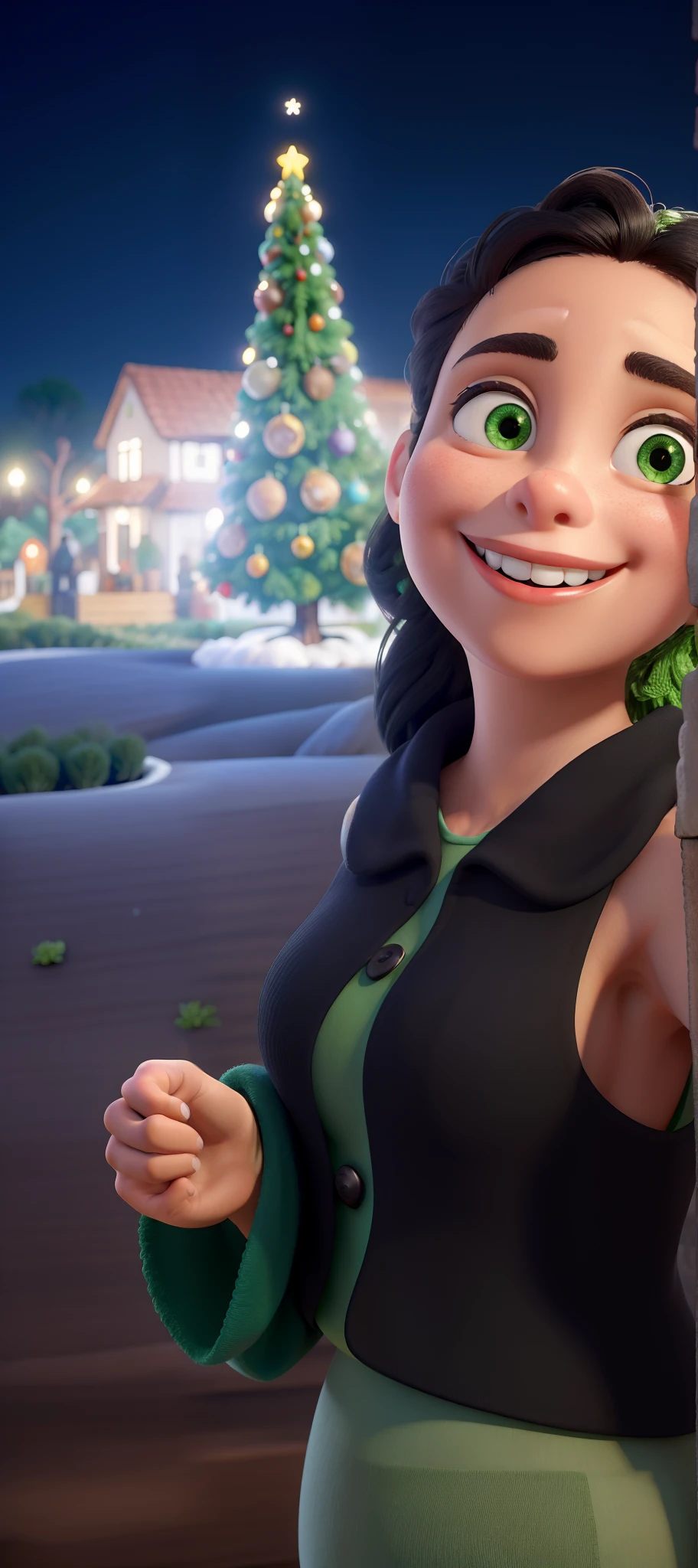 obra-prima, de melhor qualidade, Uma menina em um casaco verde, top preto, sorrindo. Ao fundo, A Christmas tree. Olhos castanhos.