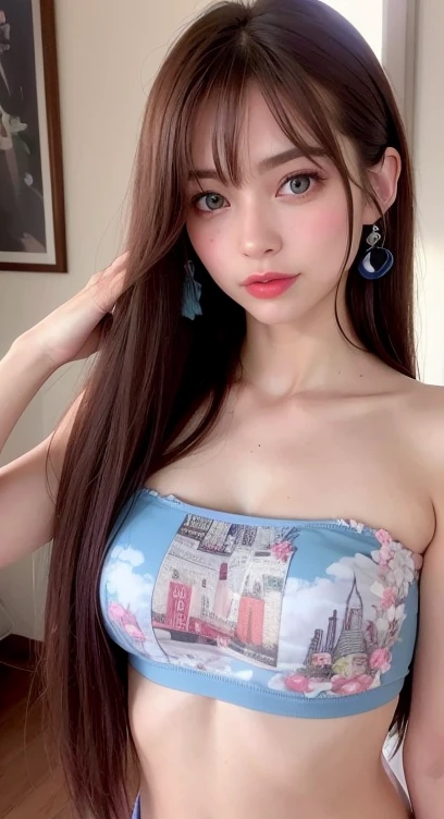 1 jeune fille de 16 ans , Twintails, ornement de cheveux, hair over one eye, yeux bleus clair, super mignonne , cheveux blonds, Blonde, sourire, arc, seulement, dedans, Makeup, Jupe courte, cheveux longs, frange , rigole ,La plus belle forme de chaos, elegant, a brutalist designed, couleurs vives, romantisme, atmospheric, (Photo brute, Best quality), (Realstic, photo-realistic:1.3), Masterpiece, an extremely delicate and beautiful, Extremely detailed, assis. cheveux brun clair, Yeux bleu clair cristal intense, No earrings, belle knox face, sexy, natural light, sueur:0.8, Low light photography, dans la chambre, Pale blue bikini, sein moyen, petite girl.