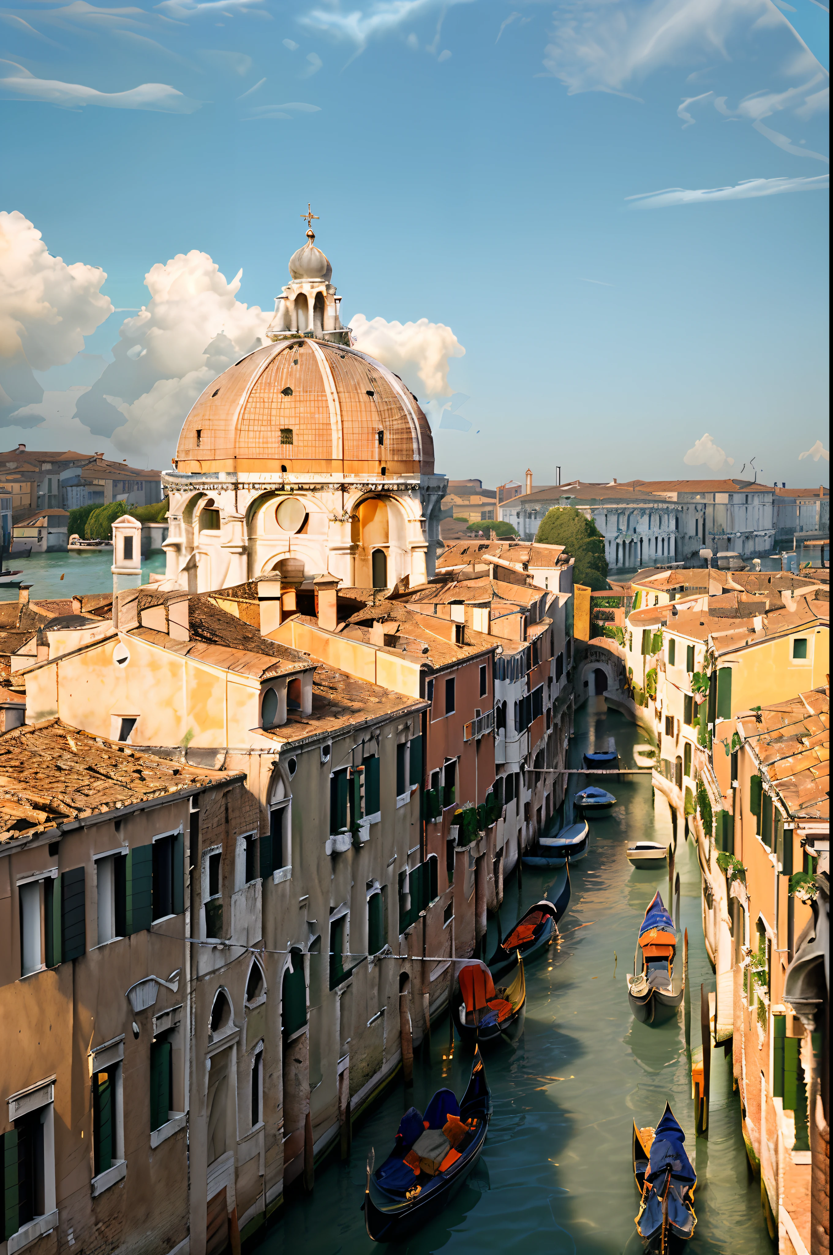 A very detailed photography of a water canal in venice, A cupola of a church on the left with orange shingles on the roof, gondolas, hyperrealistic, realistic photo, venetian photo