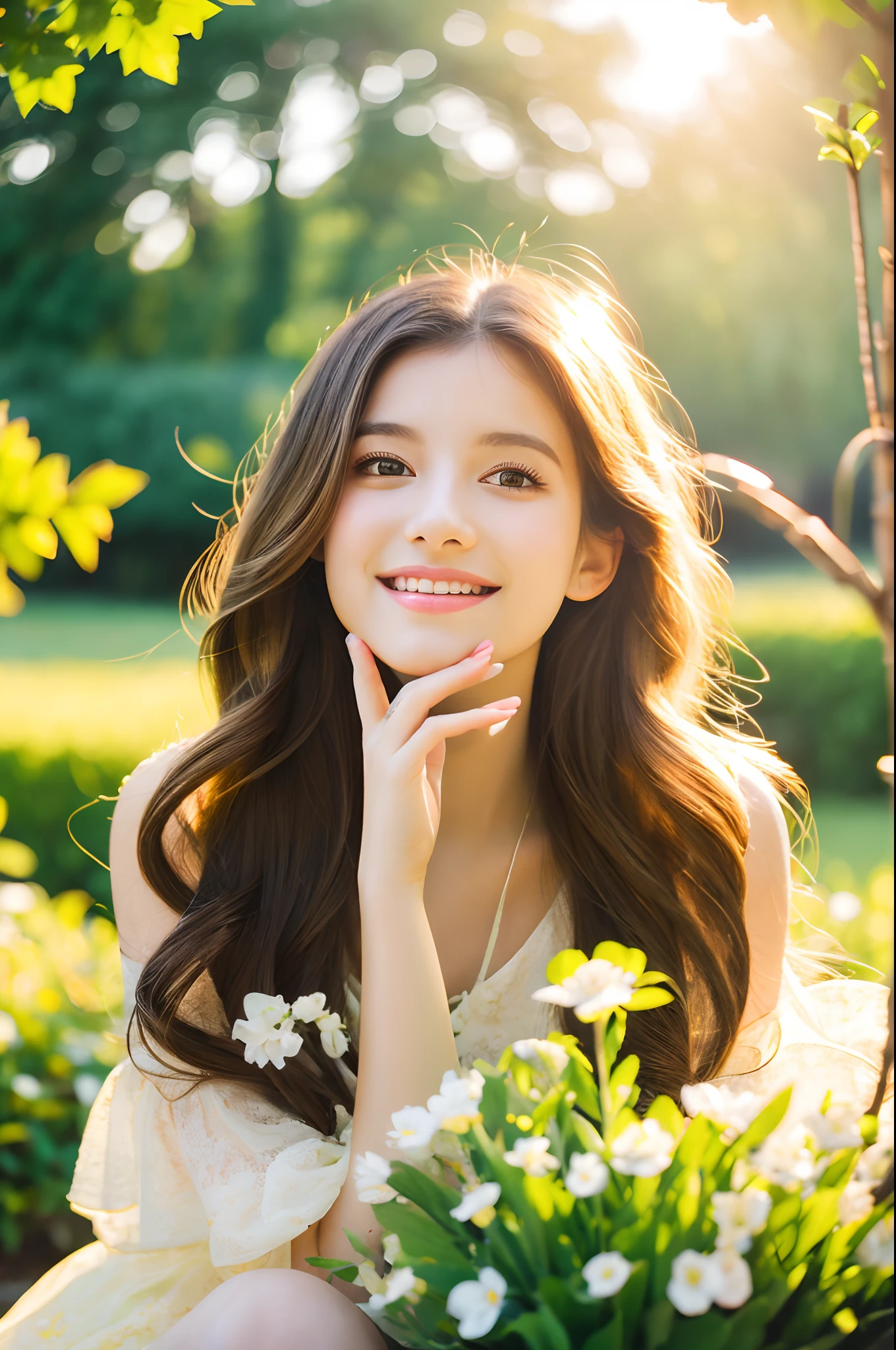 best quality,4k,8k,highres,masterpiece:1.2,vivid colors,portraits,A girl in a garden,beautiful detailed eyes,beautiful detailed lips,extremely detailed eyes and face,long eyelashes,soft and flowing hair,natural and glowing skin,lovely smile,fluttering summer dress,freshly bloomed flowers,green grass and trees,warm sunlight,playful pose,serene atmosphere,soft color palette,subtle lighting effects