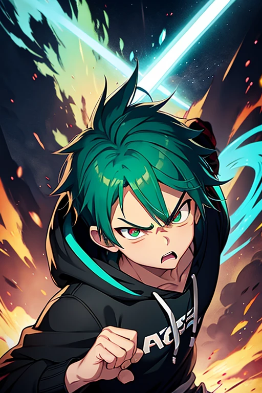 anime boy, with turquoise hair, red and green eye, angry face, black hoodie, trigger anime artstyle, an epic anime of a small strong man, best quality, 8k, fanart, fighting stance energy, flying from fired planet, sword in right hand