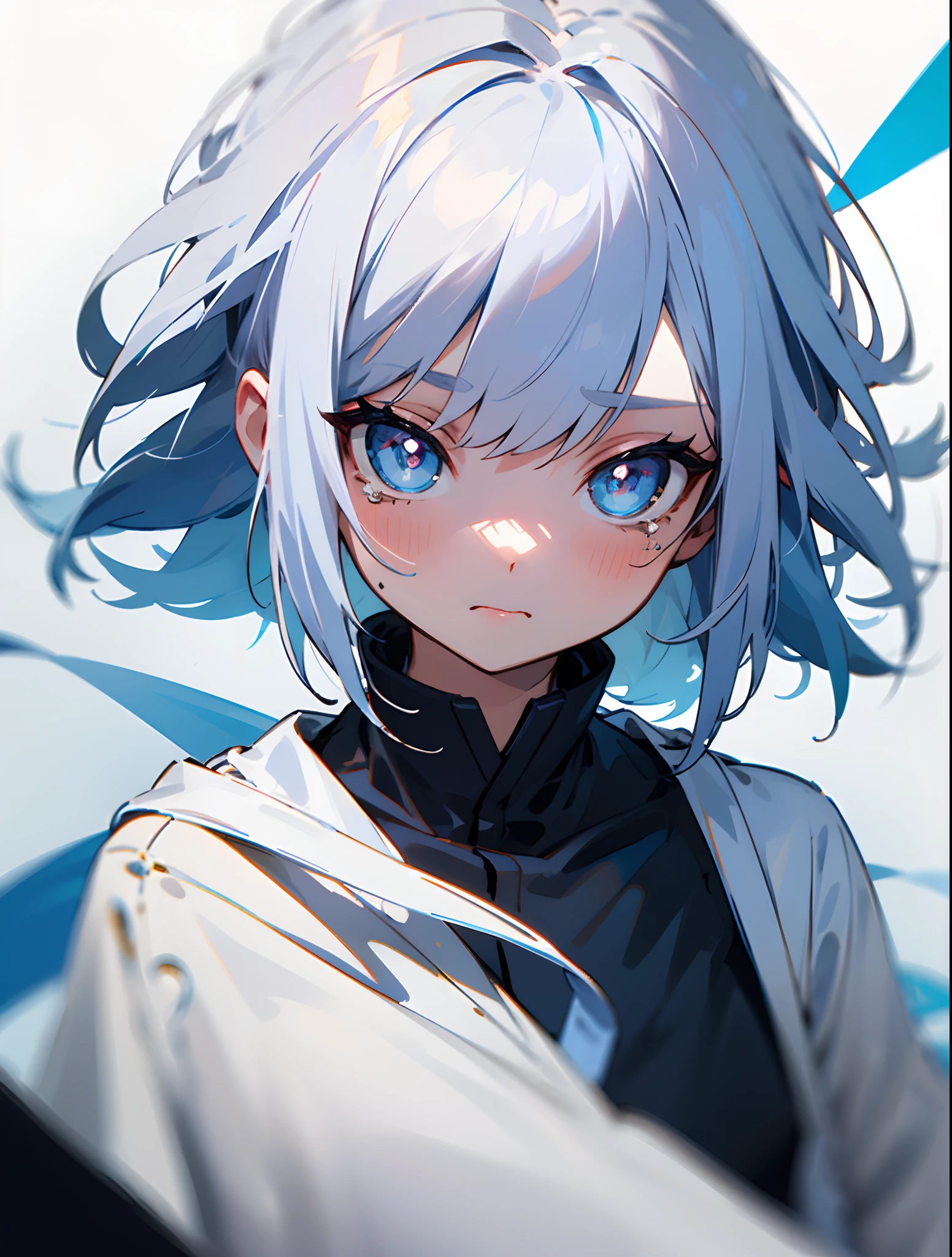 masterpiece, best quality, 1girl, furina, gens hin impact, white hair, blue hair, cute, tear s haped pupils,