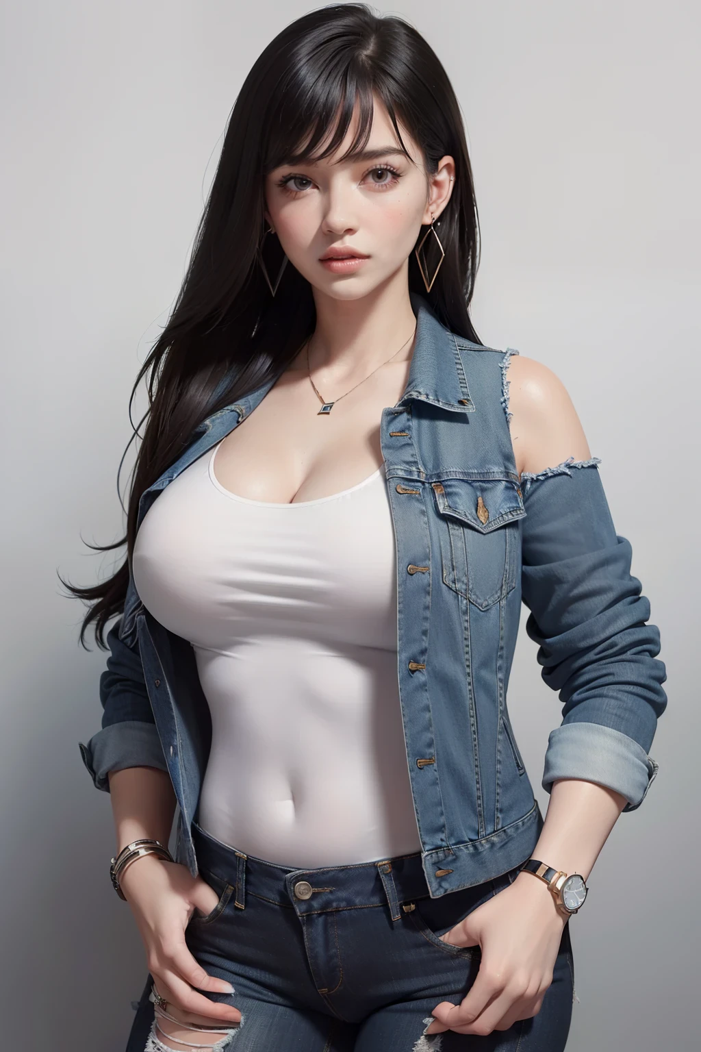 ((masterpiece, best quality, ultra-detailed, ultra-HD, photorealistic, cinematic)), ((alluring female model)), perfect body, (voluptuous body:1.2), sexy body, perfect face, perfect hands, (large cleavage), round ass, long round legs, (shoulder-length straight hair with blunt-cut bangs), (jet black hair, sleek and modern), (medium shot:1.5), (a tailored denim jacket over a crisp white t-shirt, paired with fitted distressed jeans, (geometric-shaped earrings and a minimalist wristwatch), (gradient background:1.2), (sensual pose:1.2)
