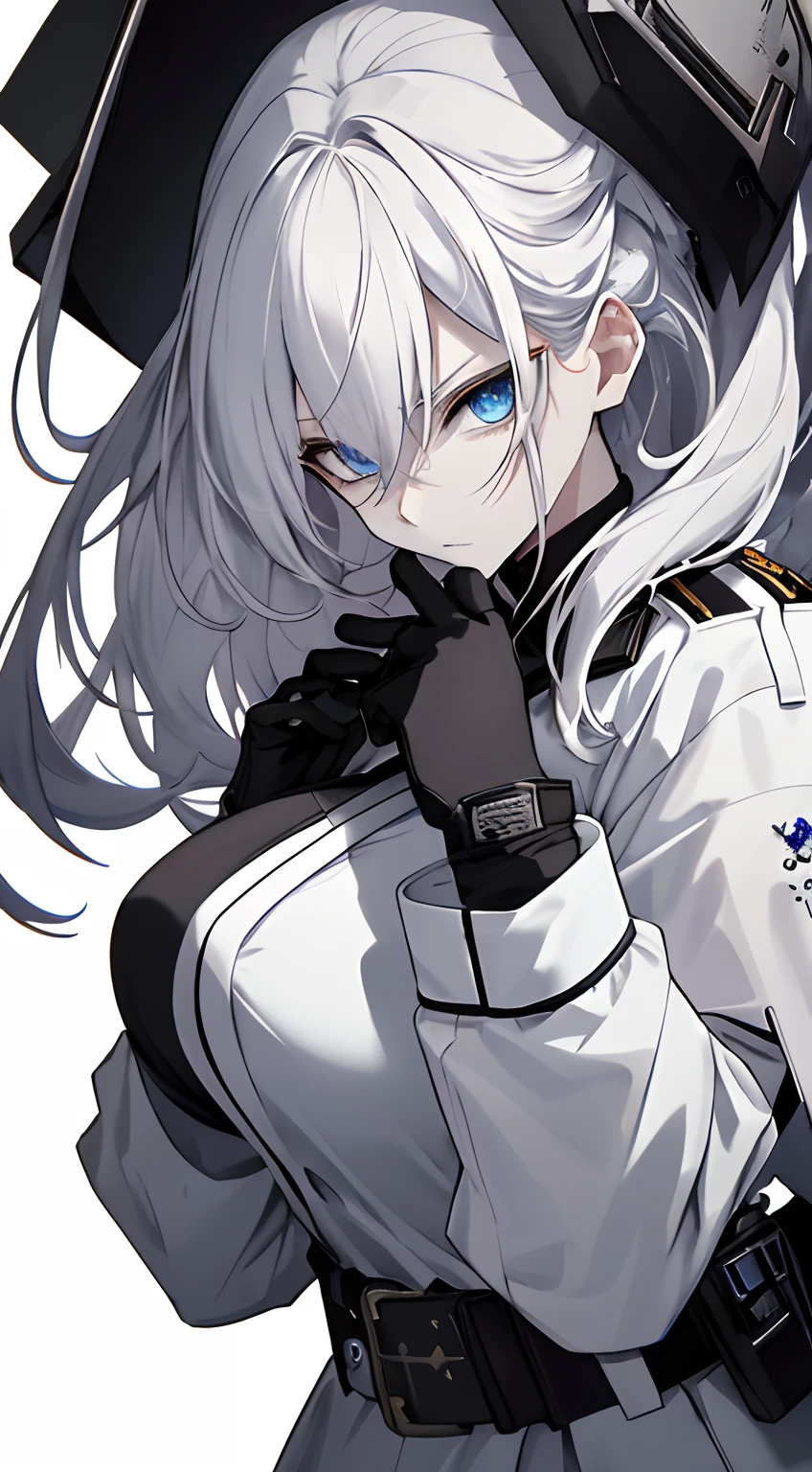 A woman wearing gloves holds a gun,Full body、White one-piece military uniform、 Jet black head of hair,(masutepiece:1.2, Best Quality), (finely detailed beautiful eye: 1.2), (Detailed background,Dark Fantasy), (beautifull detailed face), High contrast, (Best Illumination, extremely delicate and beautiful), ((Cinematic Light)), Colorful, Hyper Detail, Dramatic light, Intricate details,Very blue eyes, long hair flowing with the wind、very Bigger breasts、Belt under the chest、White military uniform, White skirt, jet-black hair, Blue eyes, Black tie, Serious look, (Pale white background:1.5), gotik,Handgun, Glock 17,(pistols), have a handgun,long-sleeve, blue eyess, trigger discipline, A woman wearing gloves holds a gun,