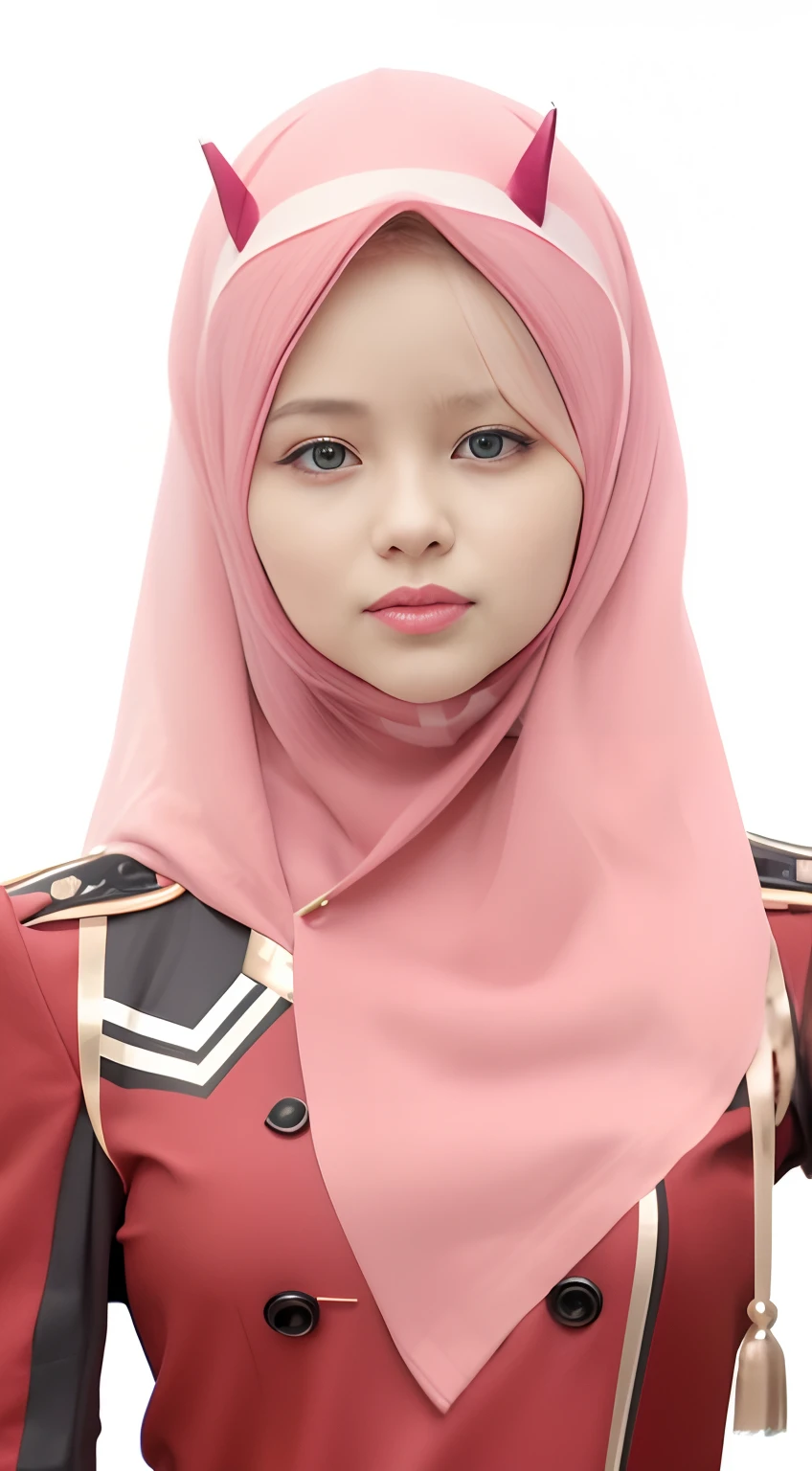 a close up of a woman wearing a pink hijab and a red jacket,