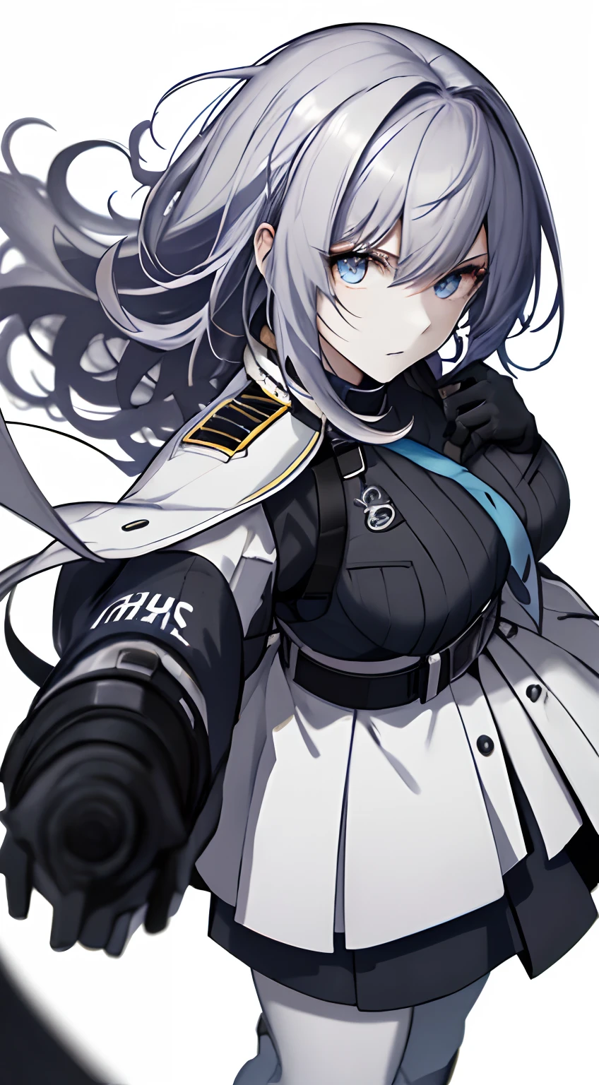 A woman wearing a glove is holding a gun,Full body、White one-piece military uniform、 Jet black head of hair,(masutepiece:1.2, Best Quality), (finely detailed beautiful eye: 1.2), (Detailed background,Dark Fantasy), (beautifull detailed face), High contrast, (Best Illumination, extremely delicate and beautiful), ((Cinematic Light)), Colorful, Hyper Detail, Dramatic light, Intricate details,Very blue eyes, long hair flowing with the wind、very Bigger breasts、Belt under the chest、White military uniform, White skirt, jet-black hair, Blue eyes, Black tie, Serious look,  (Pale white background:1.5), gotik,Handgun, Glock 17,(pistols),  have a handgun,long-sleeve, blue eyess, trigger discipline, A woman wearing gloves holds a gun, girls' frontline, mechanized valkyrie girl, arknights,