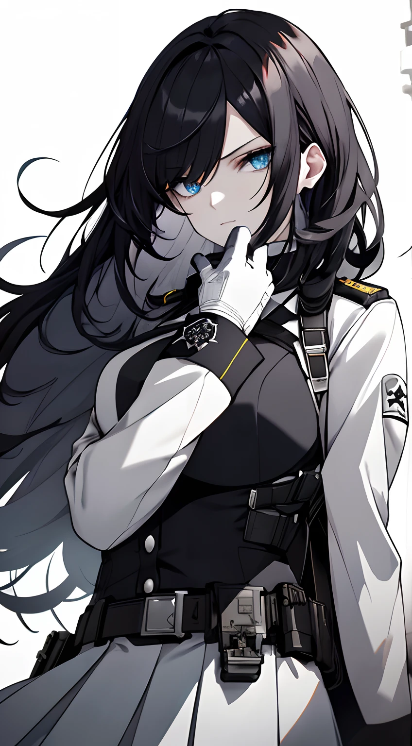 A woman wearing gloves holds a gun,Full body、White one-piece military uniform、 Jet black head of hair,(masutepiece:1.2, Best Quality), (finely detailed beautiful eye: 1.2), (Detailed background,Dark Fantasy), (beautifull detailed face), High contrast, (Best Illumination, extremely delicate and beautiful), ((Cinematic Light)), Colorful, Hyper Detail, Dramatic light, Intricate details,Very blue eyes, long hair flowing with the wind、very Bigger breasts、Belt under the chest、White military uniform, White skirt, jet-black hair, Blue eyes, Black tie, Serious look, (Pale white background:1.5), gotik,Handgun, Glock 17,(pistols), have a handgun,long-sleeve, blue eyess, trigger discipline, A woman wearing gloves holds a gun,
