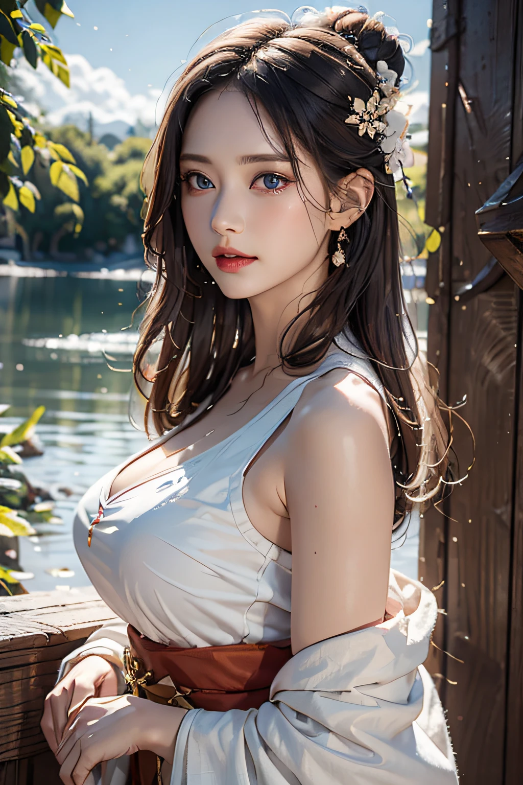 Motor irreal:1.4,UHD,La mejor calidad:1.4, fotorrealista:1.4, textura de la piel:1.4, Obra maestra:1.8,1girl, breasts, moon, lantern, night, solo, large breasts, hair ornament, wet, kimono, japanese clothes, wading, water, hair flower, flower, outdoors, sky, full moon, rain, black hair, off shoulder, mountain, cloud, holding, sash, bare shoulders, paper lantern, standing, white kimono, night sky, sideboob, obi, wet clothes, bangs, tree, from side, reflection, short hair, cloudy sky, wet hair (((masterpiece),(extremely detailed CG unity 8k wallpaper),best quality,,solo,1girl,cinematic lighting,detailed background,beautiful detailed eyes,bright pupils, (an extremely delicate and beautiful),(Beautiful and detailed eye description), ultra-detailed,masterpiece,)),