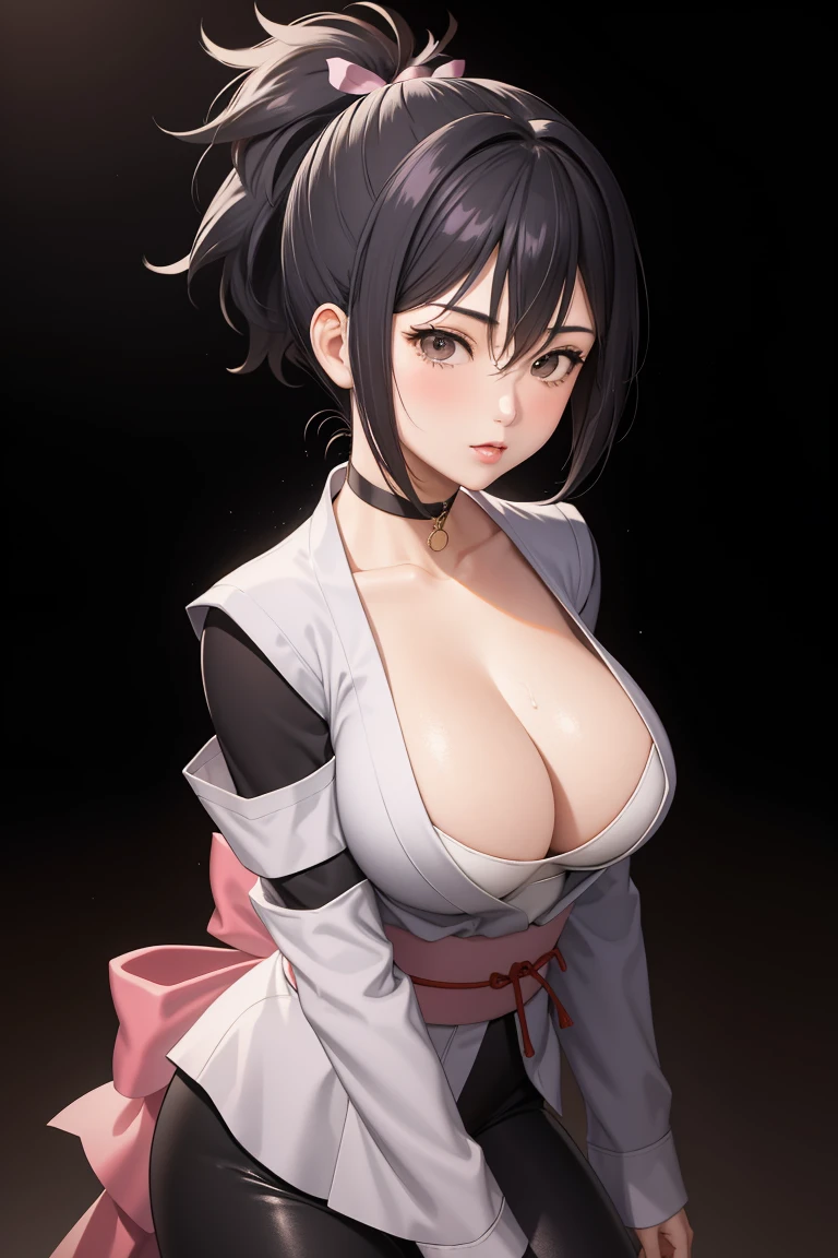 sheena fujibayashi, 1girl, japanese clothes, black leggins, black hair, ponytail, choker, cleavage, large breasts, cowboy shot, bokeh