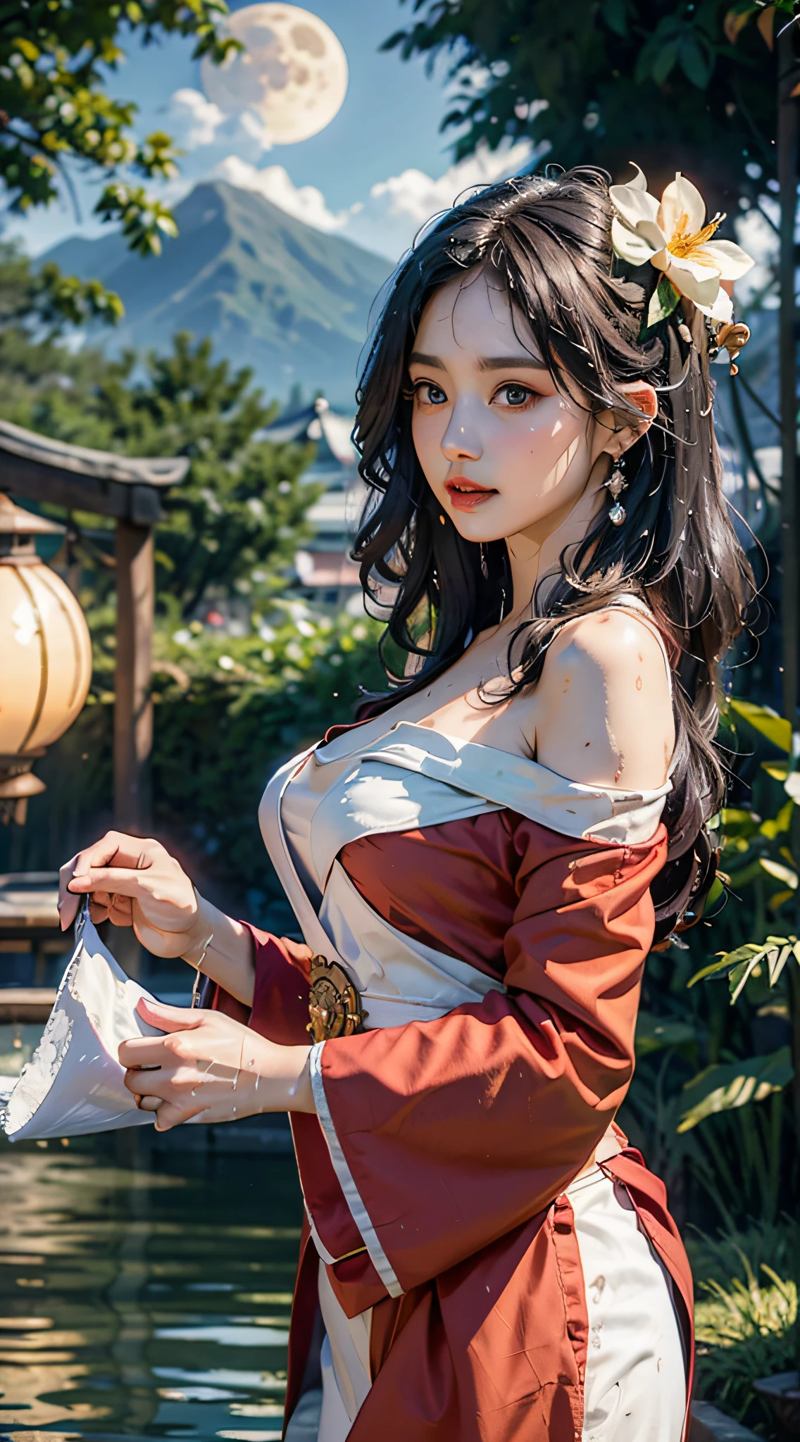 Beautiful woman with perfect body：1.4，Layered Hairstyle，Prominent cleavage，Highly detailed face and skin textures，Double eyelids，Skin Whitening，Long hair，Whitened long legs，（Light orange low-cut Hanfu）Stand on the balcony