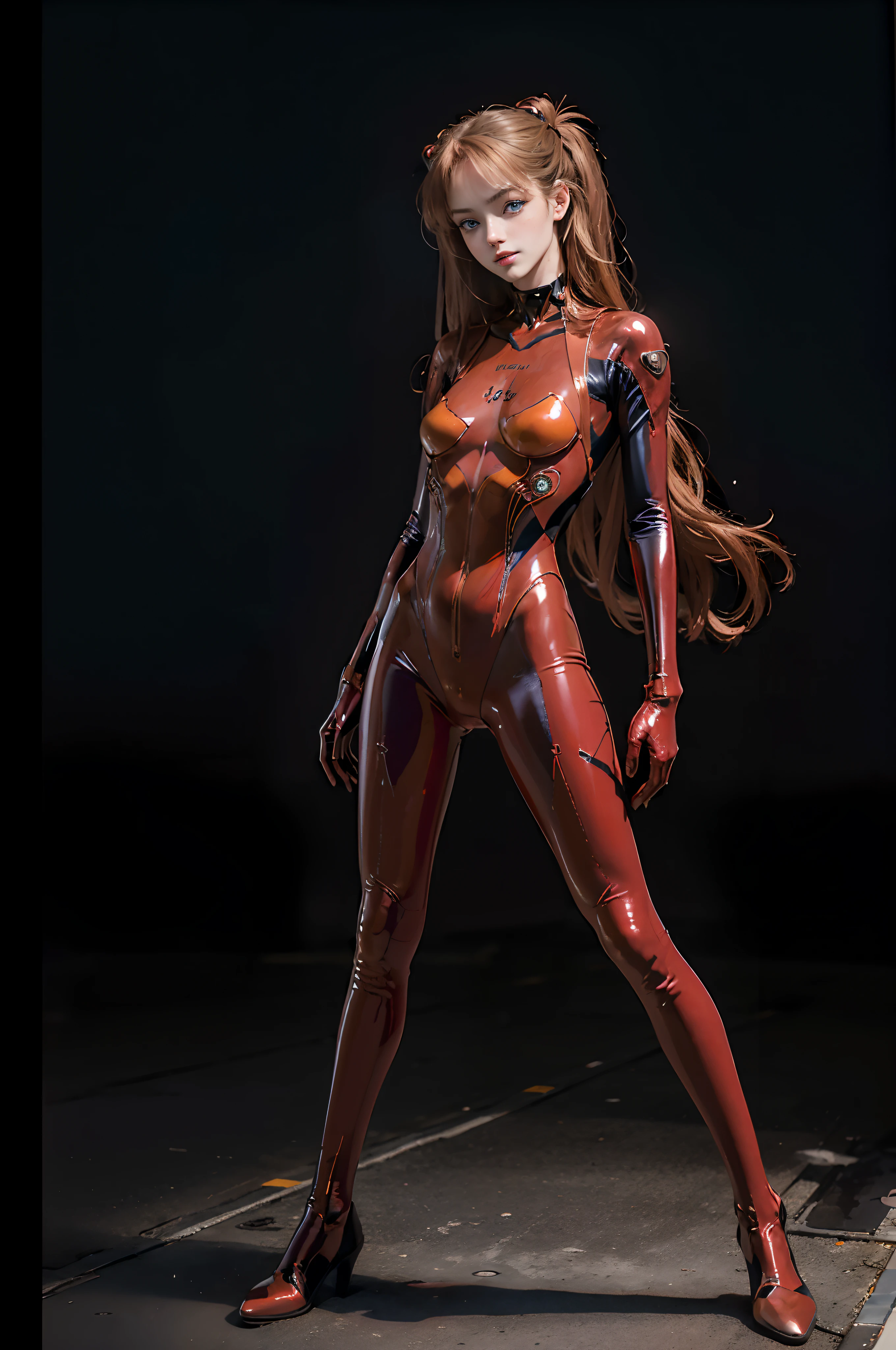 Masterpiece,8k,3D,(Realistic),Ultra fine photography,Best quality,Official Art,Real realism,Sunlight,big saggy breast,Bright colors,Sunlight,Theater lighting,(((1 woman)))25 years old,Tall,Small face,(Perfect proportions),((Full body:1.6)),(From bottom:1.1), Arm crossed pose,stand,open legs,((Souryuaska langley,Souryuaska langley, neon light dress,((blue eyes,beautiful face,beautiful eyes))), pretty face, wet eyes, glowing eyes, detail face, detail lips, detail eyes, (thin sharp pale eyebrows, long eyelashes, long lower eyelashes), double eyelids, sullen look, realistic skin texture, visible pores, seductive smile, gentle look, fleeting expression, slender and muscular, (high-leg swimsuit: 1.0), see-through: 0.9, thin and muscular, (dark red rubber suit with strong metallic luster and smooth surface), (dark red latex suit with sexy tight metallic luster), dark red bodysuit shining like a mirror, beautiful feminine hands with silver large connection terminals under the chest of the precise circle: 1.1), Metallic and silver large connection terminals of the precise circle shoulders: 1.1, two simple black wide latex from thighs to buttocks, standing on the realistic and detailed battleship deck, dynamic and realistic sea background: 1.1, dynamic and realistic clear sky, strong sunlight: 1.1, loneliness, blush, shyness, to8 contrast style, (glossy), delicate clothing wrinkles, beautiful light brown hair, DSLR, Fujifilm XT3, sharp focus: 1.0, maximum clarity and sharpness, accurate simulation of light-matter interaction,
