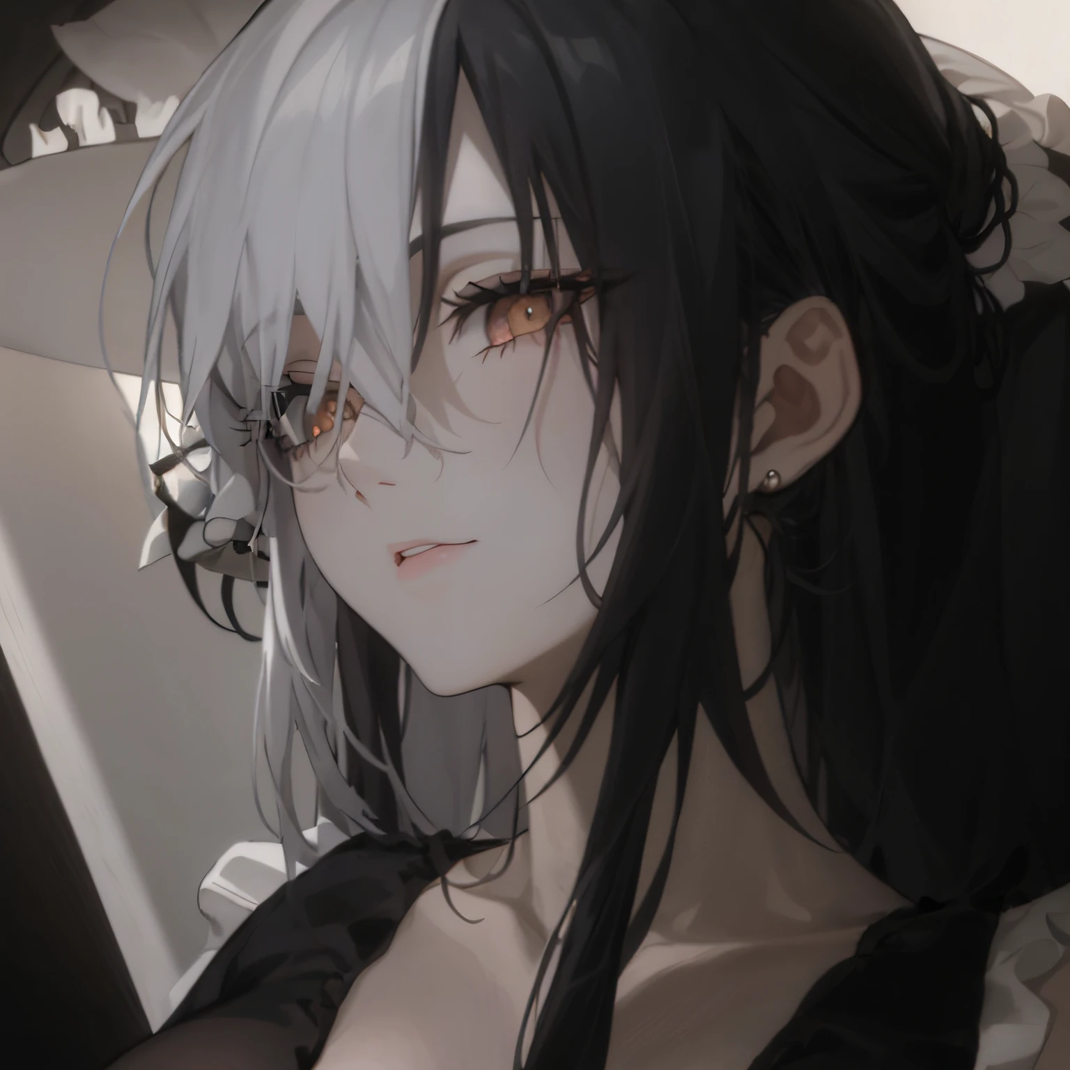 anime girl with black hair, white eyes, and dark grey hairs, sitting in a chair, wearing a silver-haired maid outfit, and a white-haired Tifa Lockhart cosplay. The portrait of the girl exhibits the unique aesthetic of "gapmoe", combining innocence and darkness. The scene is set in a grimdark atmosphere, with dim lighting and a mysterious aura. The image quality should be the best, with ultra-detailed features and a realistic, photorealistic rendering. The art style should capture the essence of anime, emphasizing the girl's beauty and expressing her yandere nature. The color palette should be vibrant and vivid, with an emphasis on contrasting dark and light tones. The girl's eyes should be extremely detailed, with beautiful, detailed lips, and long eyelashes to enhance her captivating gaze. The chair should have a vintage feel, with intricate design and textures. Additional details can include a haunting background with subtle hints of darkness, such as flickering candlelight or shadows lurking in the corners. The overall composition should convey a sense of intrigue and fascination, while maintaining a harmonic balance between the cute and the dark elements.