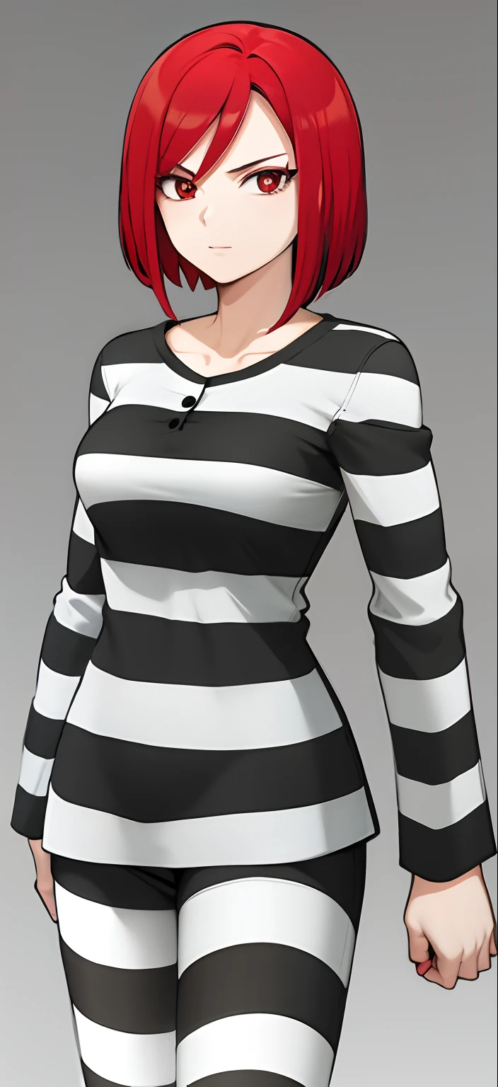 anime drawing of two women with red hair and black and white striped tops, in an anime style, in anime style, erza scarlet, in japanese anime style, very anime style, in manga style, red and black and white, black and white and red, subtle anime style, very modern anime style, with red hair, black and white manga style, ((buttons))