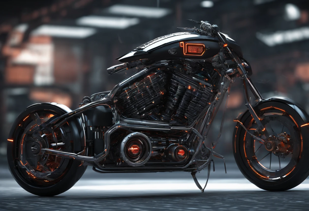 (masterpiece, best quality, ultra-detailed, photorealistic), vehicle concept design, a futuristic harley davidson chopper, strong, powerful, sleek