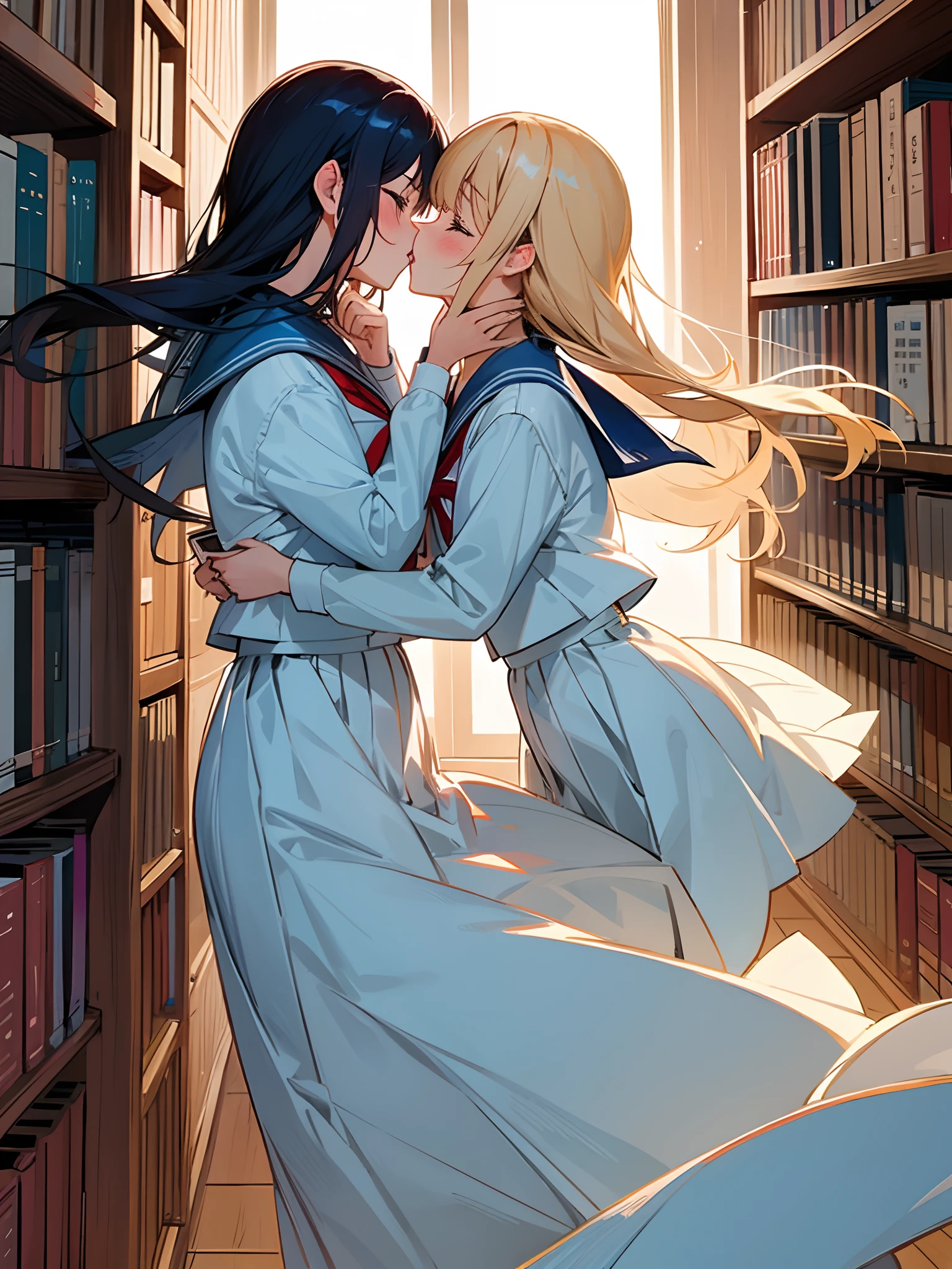 lighting like a movie、High school girls kissing each other、a sailor suit、book library、