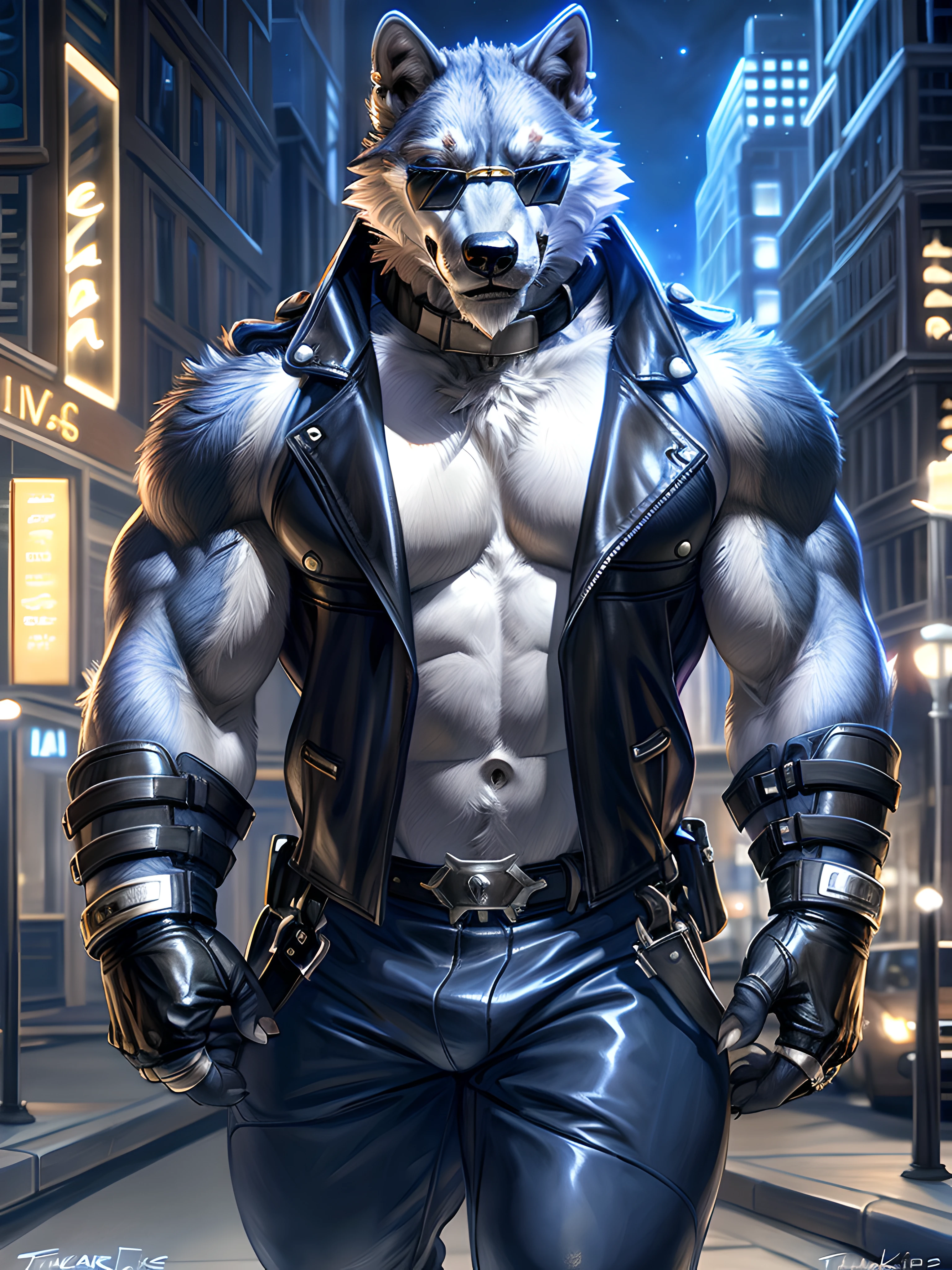 freddy, wolf, anthro body, wolf, (very muscular, heavyweight, strong chest:1.2), male, masculine, 4k, high resolution, correct anatomy, correct proportions, (city background), (night:1.2), half body, (by taran fiddler, by rukis:1.0), correct lighting, correct shadows, detailed, detailed fur, realistic shading, black sleeveless leather jacket, leather fingerless gloves, sunglasses, black collar