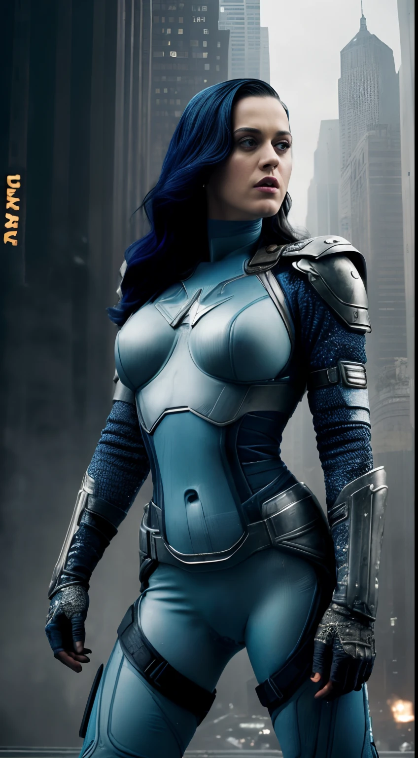(High quality  photograph of Katy Perry ) (extremely sexy woman, celebrity, insanely detailed skin texture, wrinkles,pores) (1girl:1.3), solo, dynamic pose, delicate face, vibrant eyes, (from the front), she wears a futuristic Captain America jersey, blue color scheme, (holding a shield), A capital A on chest, very detailed destroyed city background, detailed face, 8k uhd, DSLR camera, lomography, huge metropolis in future dystopia, seen from below, translucen(depth of field, intricate detail, detailed textures) ((perfect body parts, Kodak 200T, dreamlike   lighting, global illumination ))