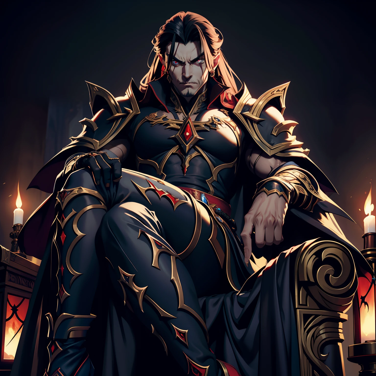 Castlevania Shadow Lord Muscular, Hyper Realistic, Super Detailed, Scary Lord Dracula sitting in his legendary big Moroccan throne with very beautiful princesses sitting next to him scene Read large scrolls with an angry red expression, bright eyes, hyper realistic face, super detailed portrait, dynamic shot, centerpiece, cinematic scene, movie scenes, Epic Legendary, correct proportions, Anatomy