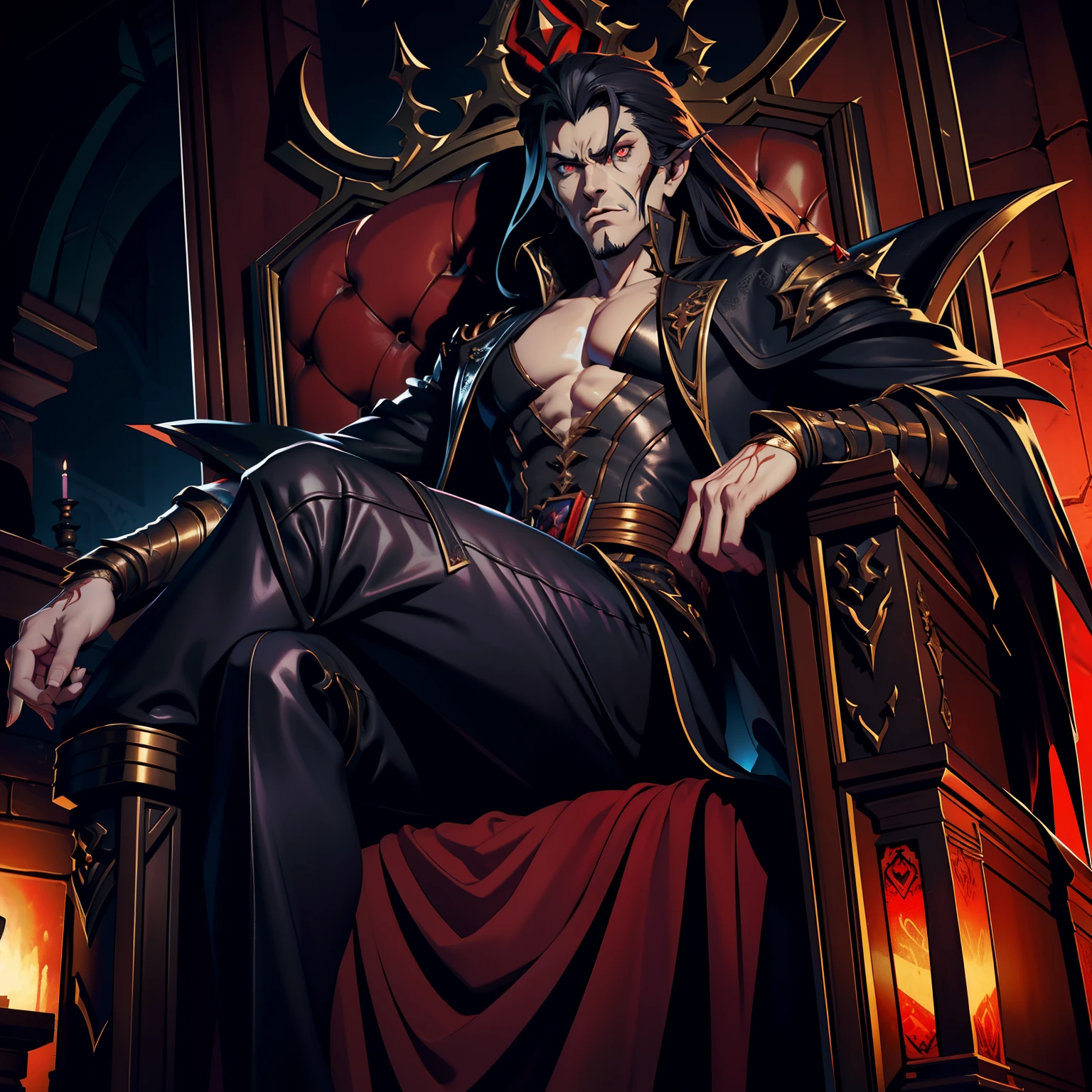 Castlevania Shadow Lord Muscular, Hyper Realistic, Super Detailed, Scary Lord Dracula sitting in his legendary big Moroccan throne with very beautiful princesses sitting next to him scene Read large scrolls with an angry red expression, bright eyes, hyper realistic face, super detailed portrait, dynamic shot, centerpiece, cinematic scene, movie scenes, Epic Legendary, correct proportions, Anatomy