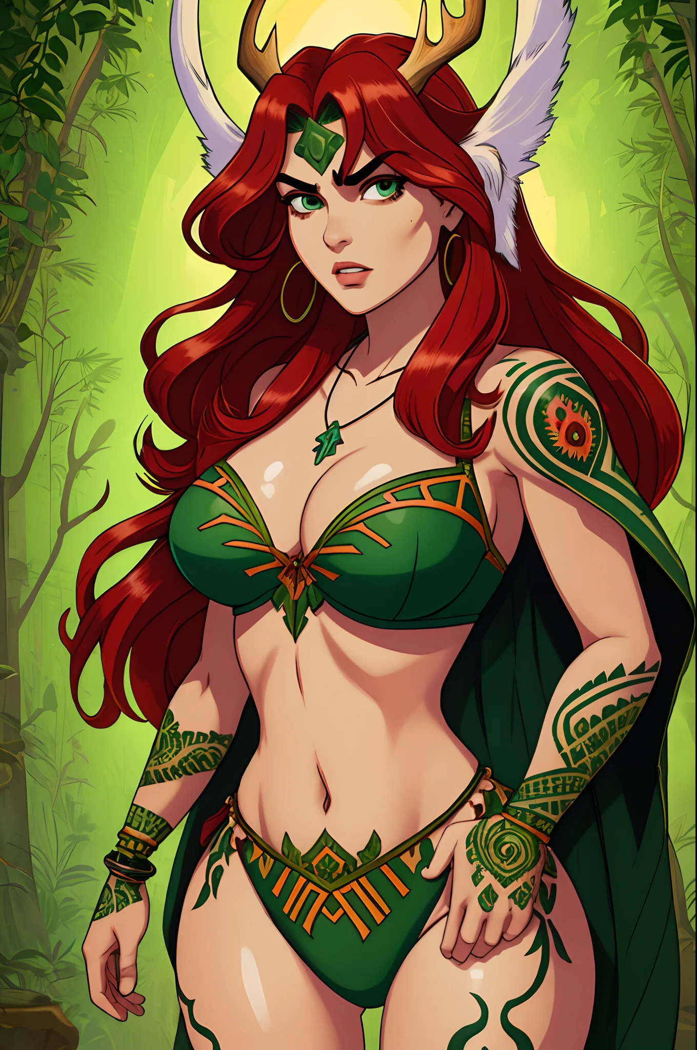 (green skin:1.2), thick thighs, wide hips, 8k, huge resolution, cleavage focus, angry expression, (antlers:1.2), leaf bra, (plant girl:1.2), nighttime, red hair styled in loose waves, thick brows, bone tooth necklace, hide cloak, fur trim collar, tribal jewelry, tribal tattoos,