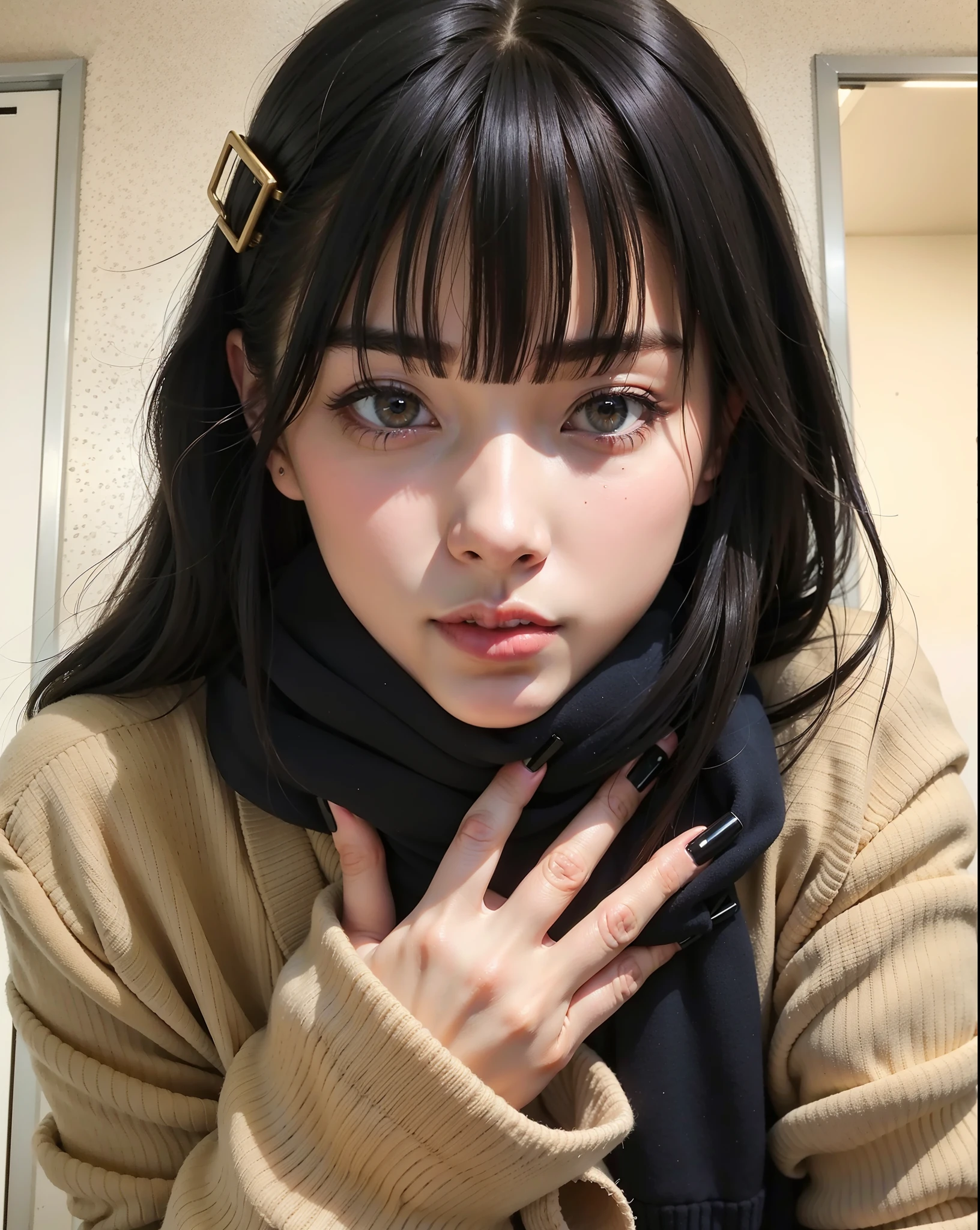 A close-up of a person wearing a scarf and a cell phone, ulzzang, Ella tiene el pelo ????? con flequillo, Chica coreana, Sakimichan, Cabello ????? Hime cortado, chica linda-fina-cara, El Corte Hime, con flequillo completo, cruel korean goth girl, Sui Ishida con cabello ?????, Joven y adorable rostro coreano, con flequillo