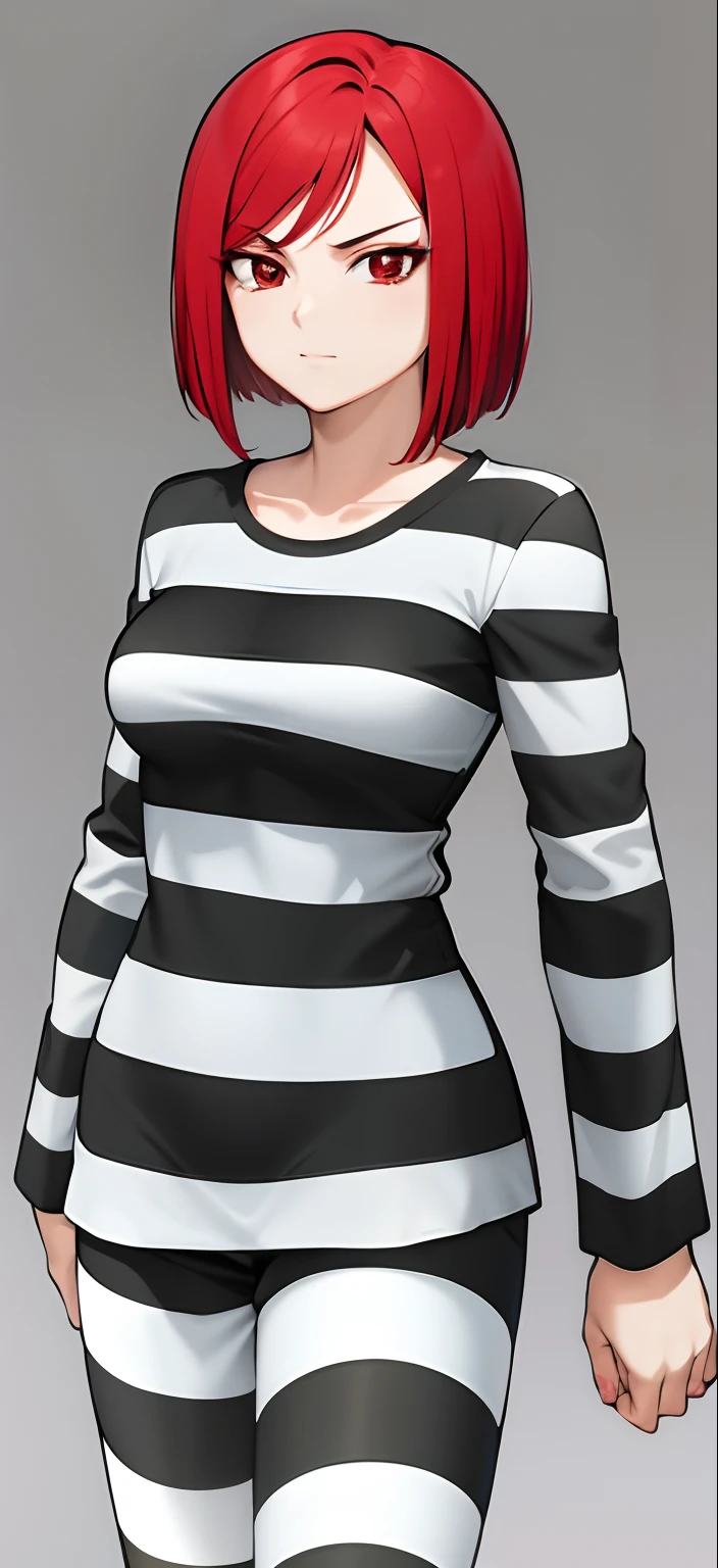 anime drawing of two women with red hair and black and white striped tops, in an anime style, in anime style, erza scarlet, in japanese anime style, very anime style, in manga style, red and black and white, black and white and red, subtle anime style, very modern anime style, with red hair, black and white manga style, ((buttons)),