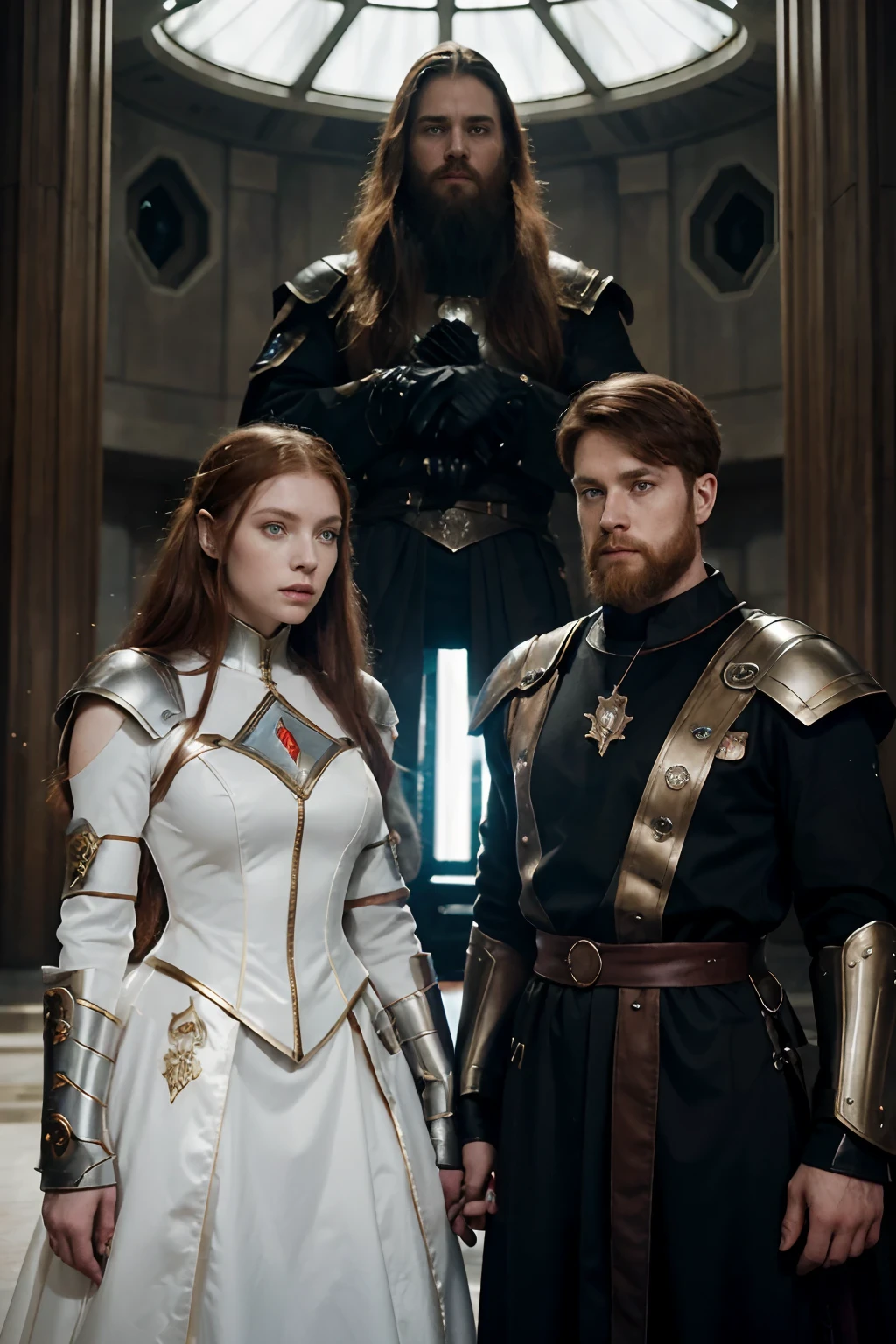 Descending from an imposing extraterrestrial ship, a noble family of warriors with albino skin and light eyes. Composed of two men and a woman, with black, brown and red hair, in addition to sporting voluminous beards. Dressed as fearless princes, the members sport resplendent armor that harmonizes futuristic and medieval elements.