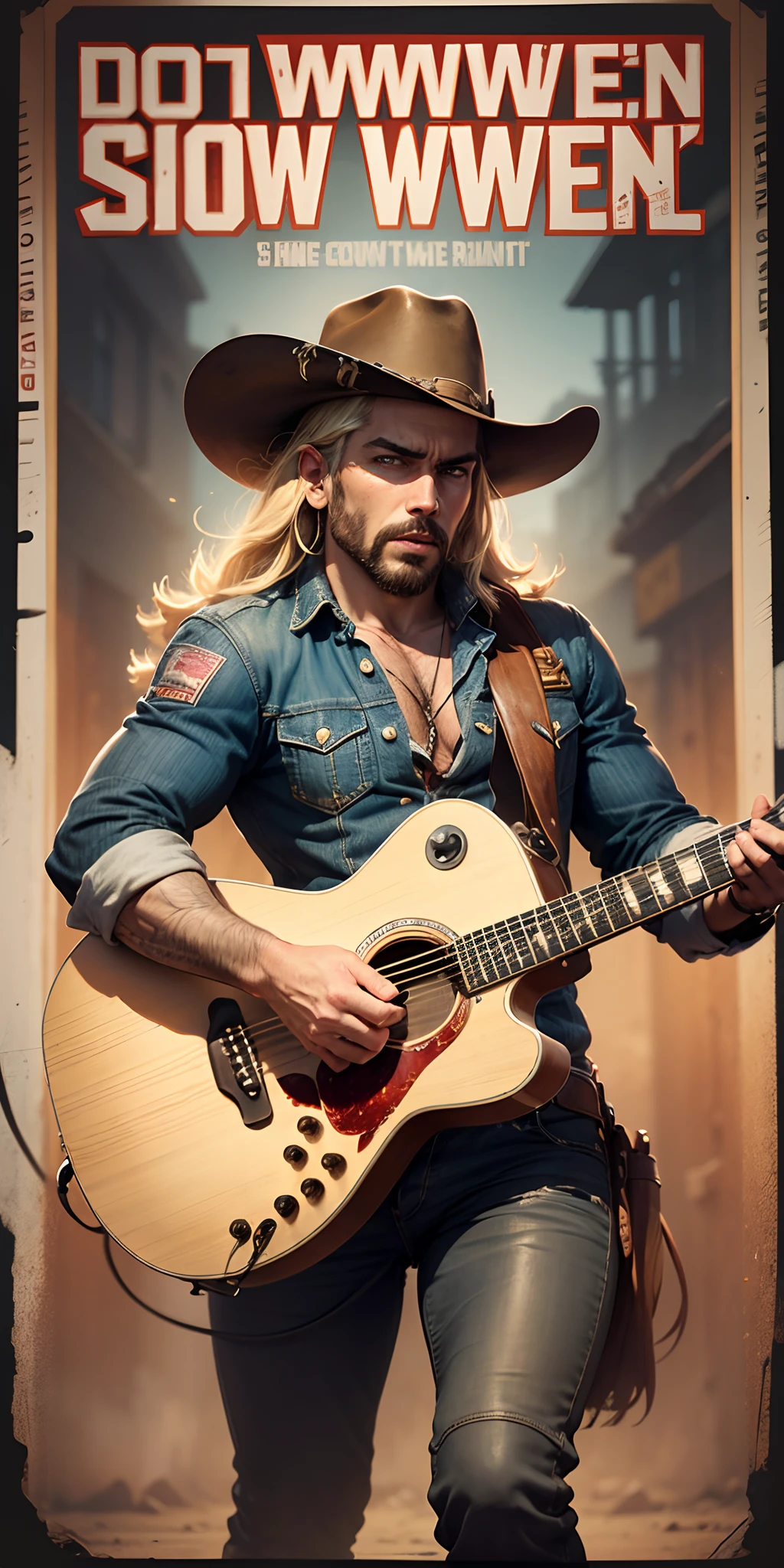 action poster for "Kevin McCree's Wild West Show Down" guitar showdown with dancing cowgirls, Saturday Night Live Music hecis a handsome blonde cowboy hero --auto --s2