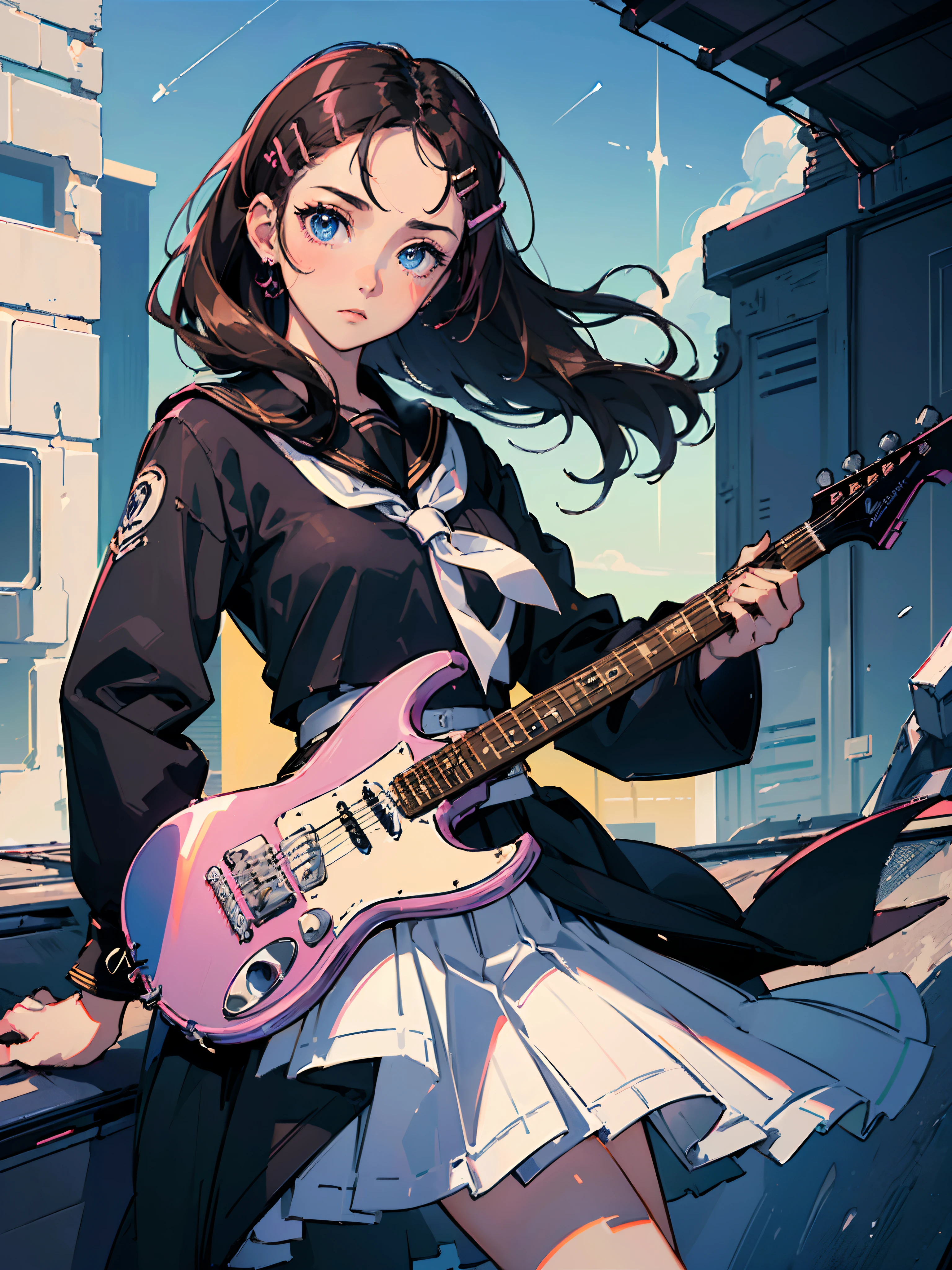 ((((Sharp focus,Vaporwave,staring,))))((electric guitar,playing guitar,))(Masterpiece illustration,Beautiful and aesthetic:1.2,aim to viewers,from below), Best quality,Top quality, Epic quality,((((rooftop,outdoor,))))(shooting stars,moonlight,moon glare, god light,))Neat face,underage,Young,Beautiful detailed hair,brown hair,hyper HD, retinas, Textured skin, A high resolution, 16k ,((hairclip,forehead,long sidelocks,long hair,Large bow on hair)),Detailed face, 1JK, 1girl,Solo, Perfect face, Very amazing girl,(black sailor uniform,White sailor tie at front),rim-light,((rock and roll))