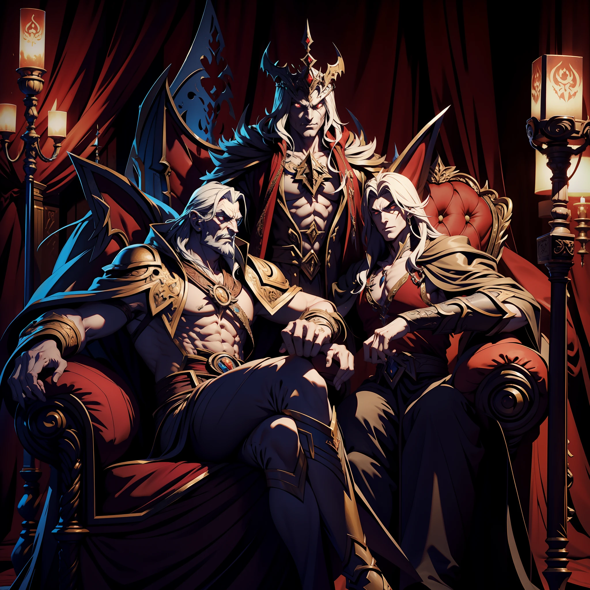 Castlevania Muscular Shadow Lord, hyper realistic, super detailed, Scary lord Dracula sitting in his legendary great Moroccan throne with very beautiful princesses sitting next to him scene Read large scrolls with an angry red expression, Yeux brillants, hyper realistic face, Super Detailed Portrait, Prise de vue dynamique, Centerpiece, cinematic scene, Movie Scenes, Legendary Epic, Proportions correctes, anatomie