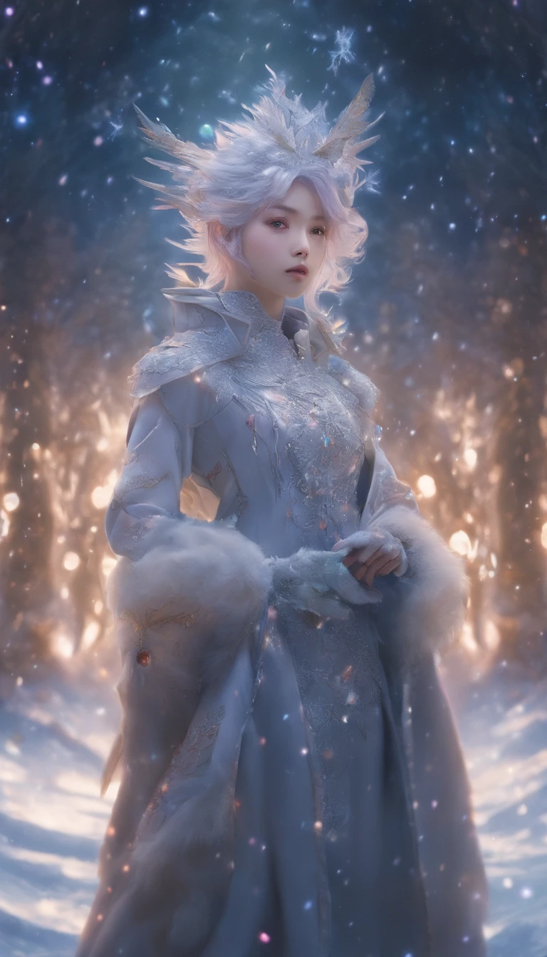 Winter lights, winter setting, Masterpiece, Young Korean idol boy in Focous shot, Korean male,Full body size, Christmas theme, With gray eyes, Vertical pupils, forest, whaite hair, Cold look, Lightweight, modern clothing, Pale skin, colorgrading, Lighting illustration, the person in the middle, Extreme quality, Radiant, Extremely detailed, Ultra-detailed face, Ultra HD 8K, ultra digitality, Mythical, Winter night lightning, Concept art portrait by Greg rutkowski, Art germ, ultra - detailed, intricate art, Fantasy style, triadic colours, Fantastical, intricately details, Splash screen, complementary colours, fantasy concept art, 8K resolution, Deviantart's masterpiece, Oil painting, Heavy strokes, Soft lighting, Film photography, analogue photography, filmgrain, anna dittmann, hyper photorealism, oil dripping,Boy,Male, Korean idol male face, Men with short hair,