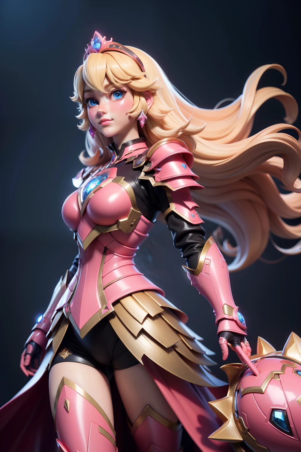 3dmm style,(masterpiece, top quality, best quality, official art, beautiful and aesthetic:1.2), (fractal art:1.3), 1girl, beautiful, high detailed, princess peach, blonde, blue eyes, dark lighting, serious face, looking the sky, sky, medium shot, black pink ironman armor, jewelry